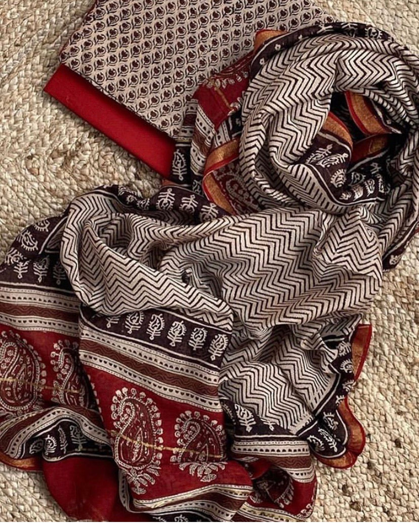 Handblock chanderi suit