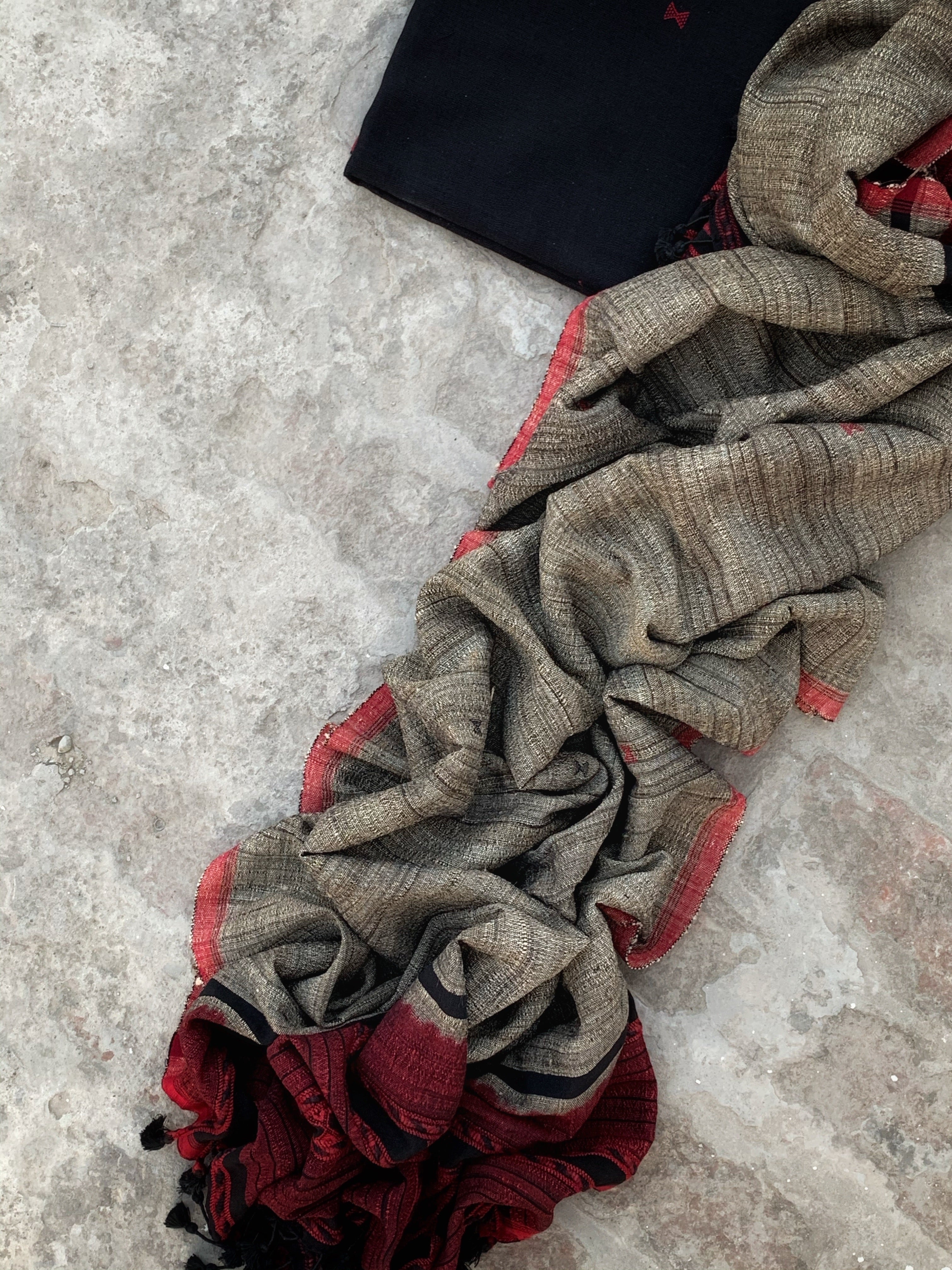 Handwoven Tussar Silk Cotton Bhujodi Kurta Dupatta Set