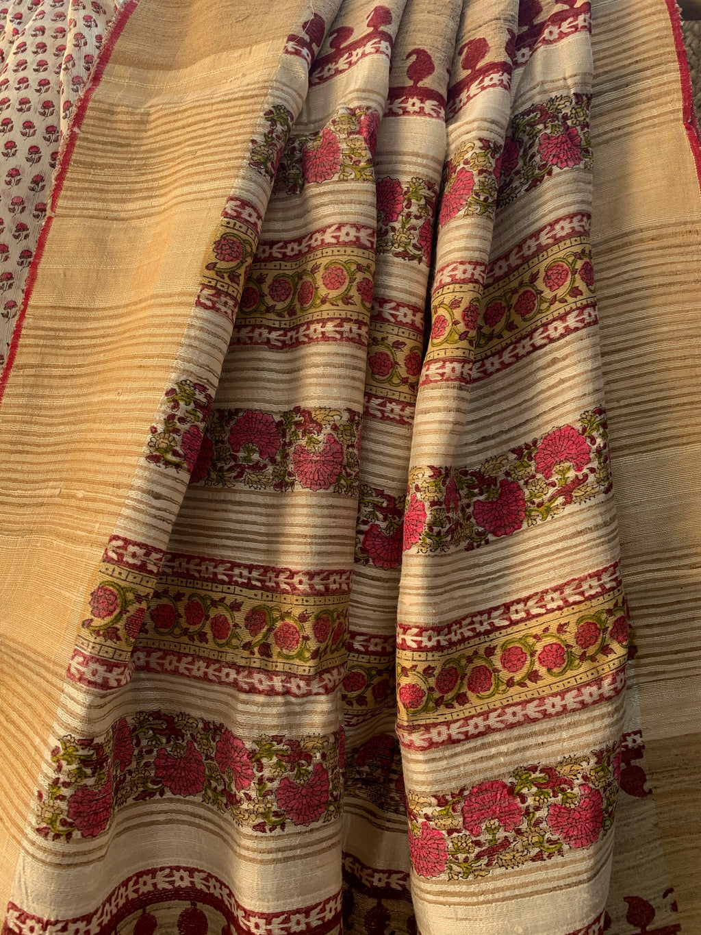 Handwoven & Handblock Printed Tussar Dupion Saree