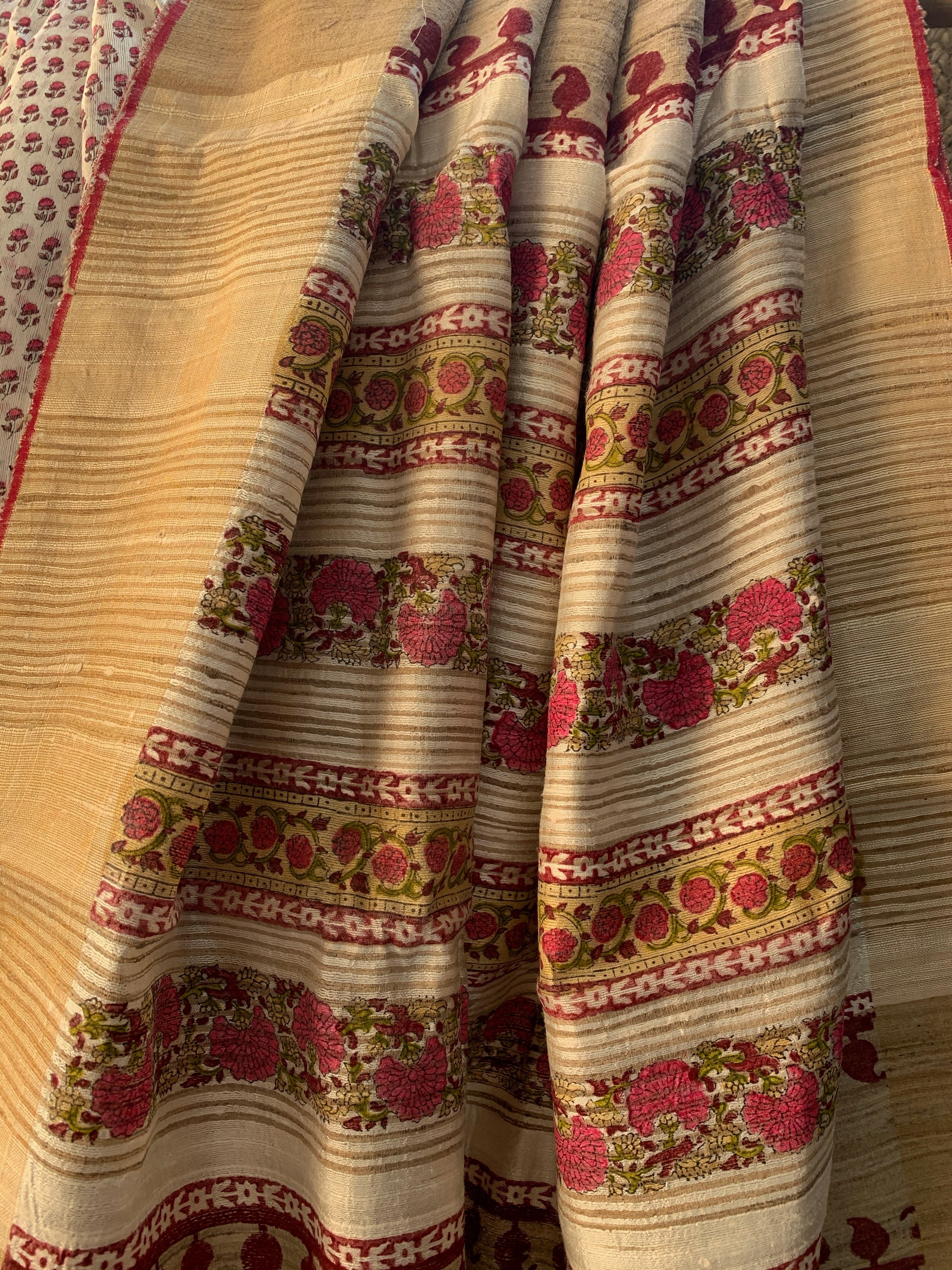 Handwoven & Handblock Printed Tussar Dupion Saree