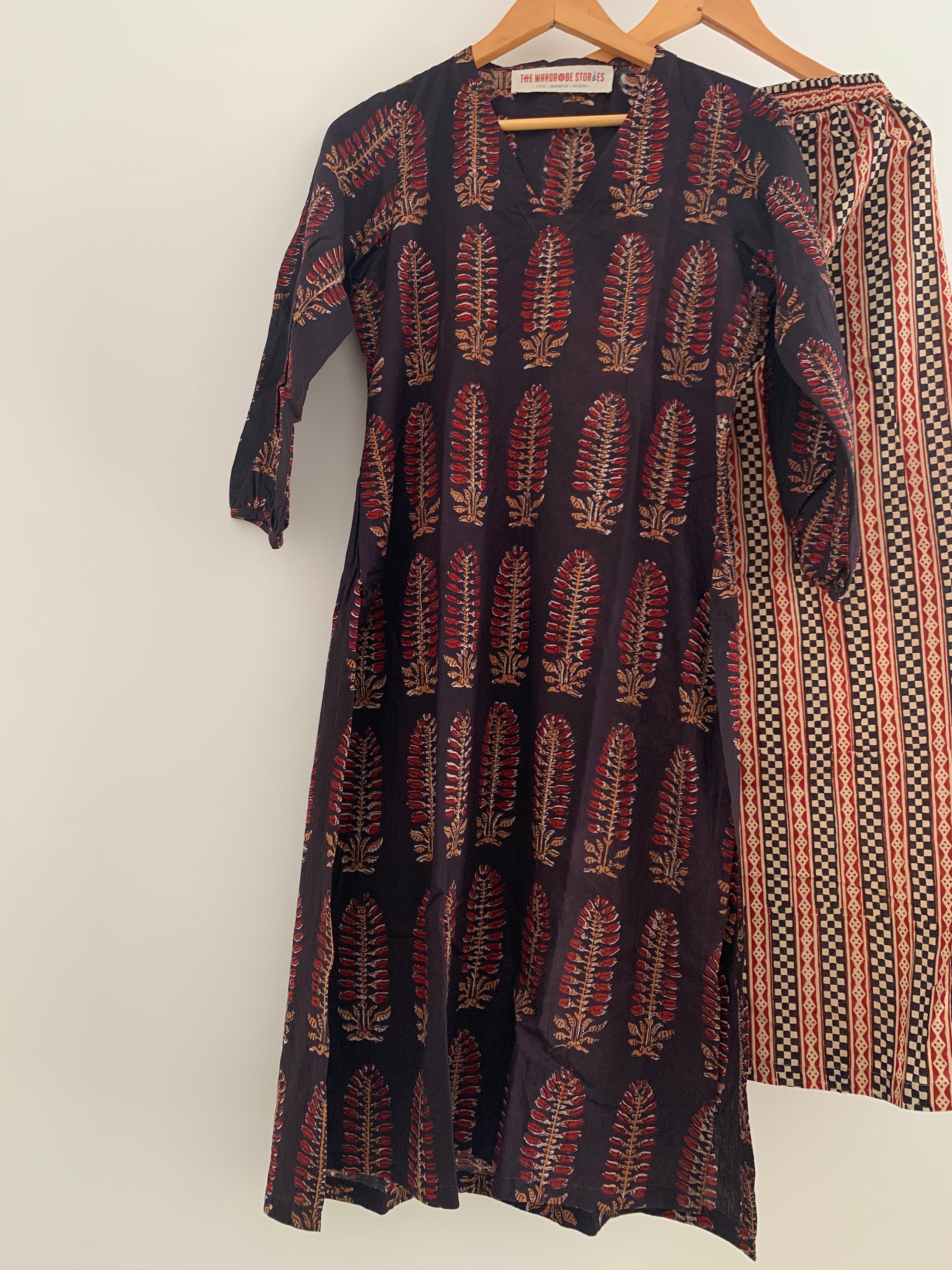 Handblock Cotton Bagru Kurta Bottom Set