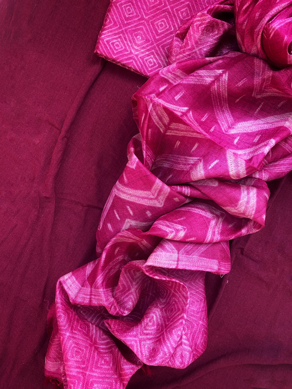 Handwoven & Handmade Tussar Shibori Kurta Dupatta Set - Rose Pink