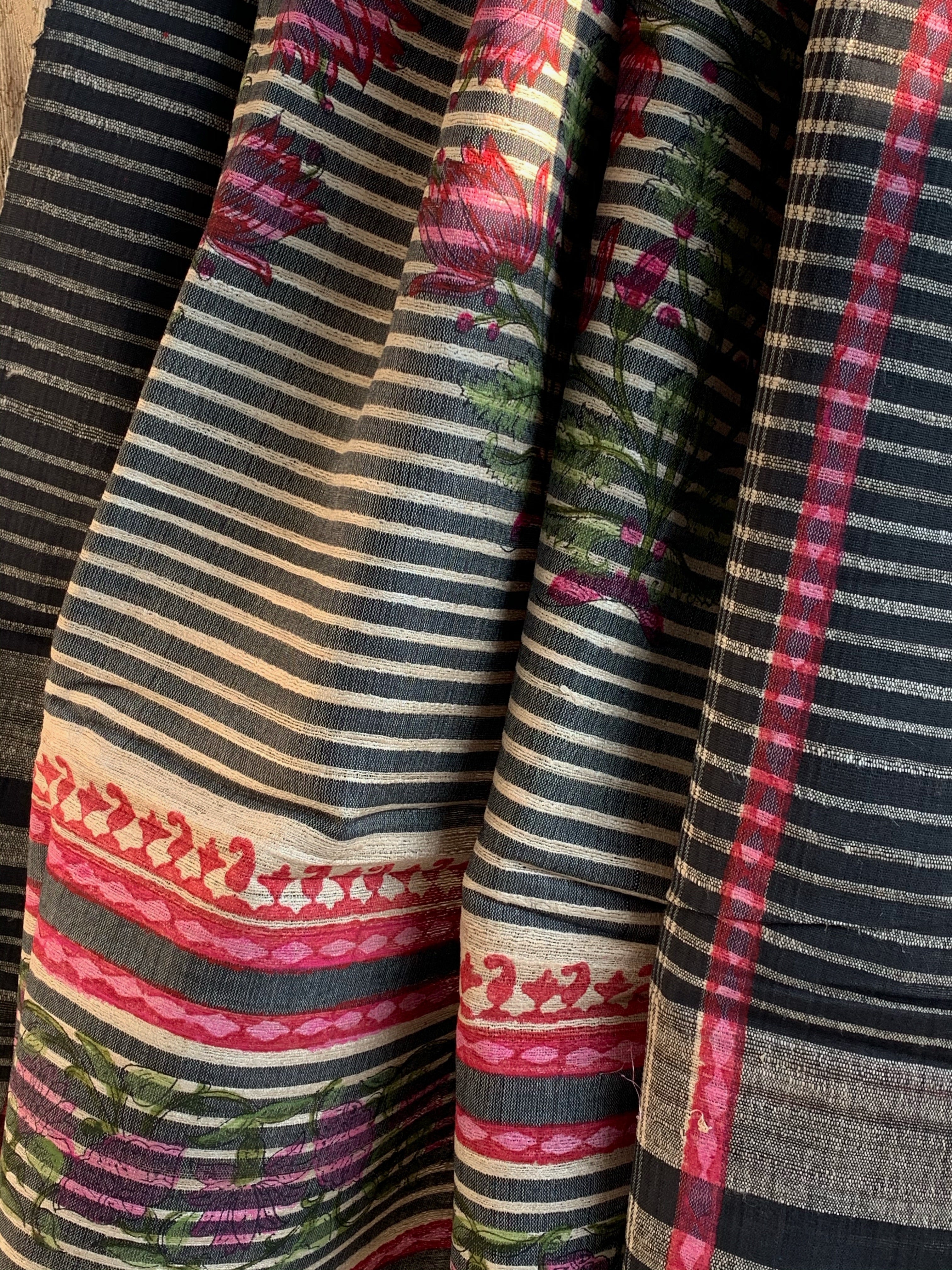 Handwoven & Handblock Printed Tussar Ghicha Saree