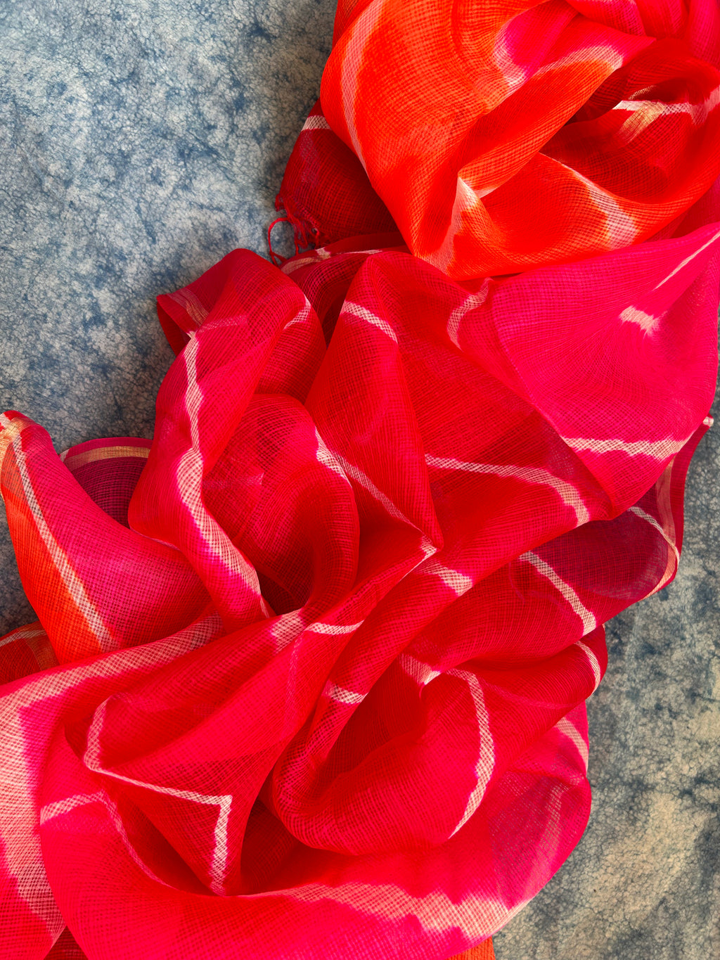 Handcrafted Tie-Dye Silk Kota Doria Dupatta -Orange, Red & PInk