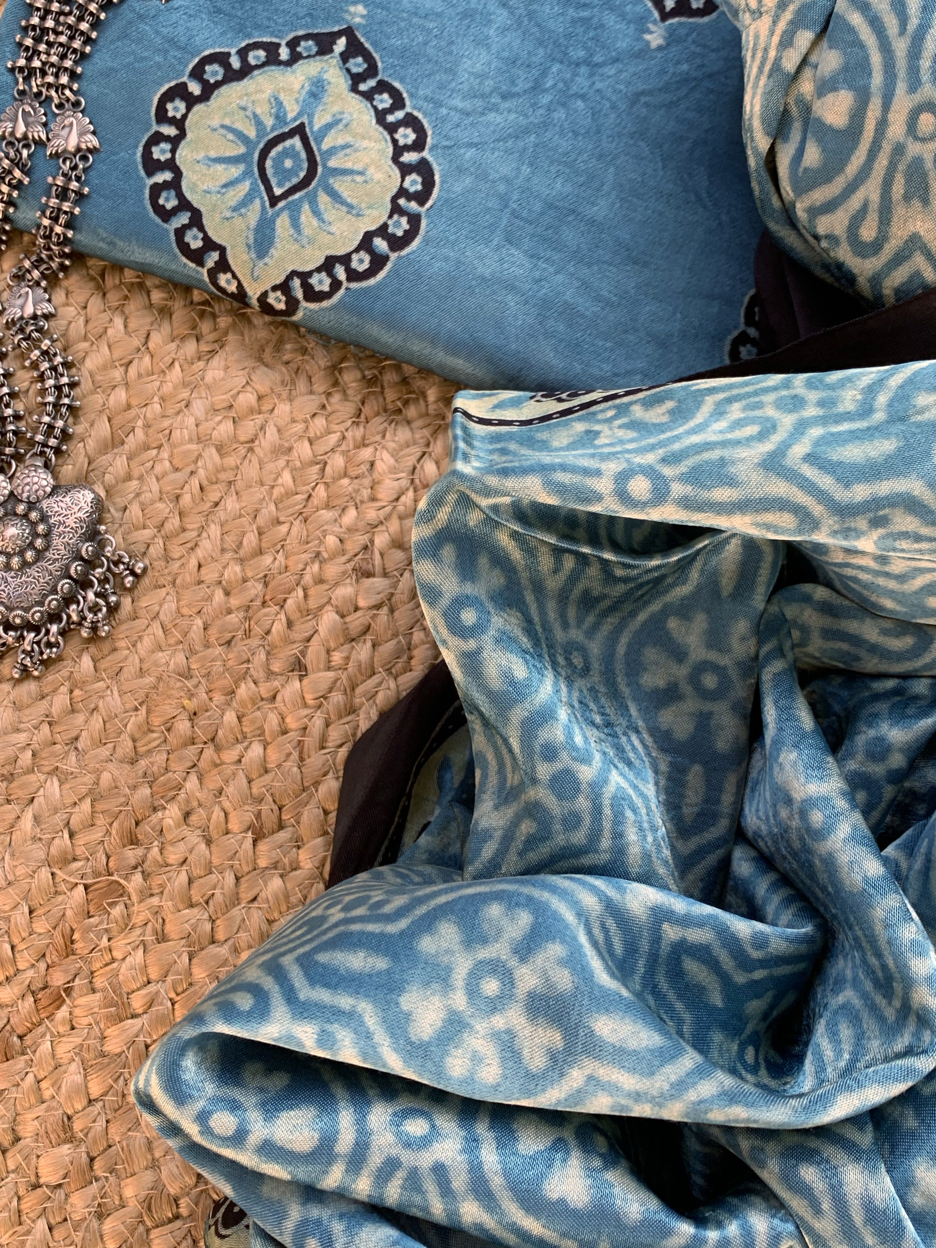 Hand Block Natural Dyes Ajrakh Mashru Silk Kurta Dupatta Set