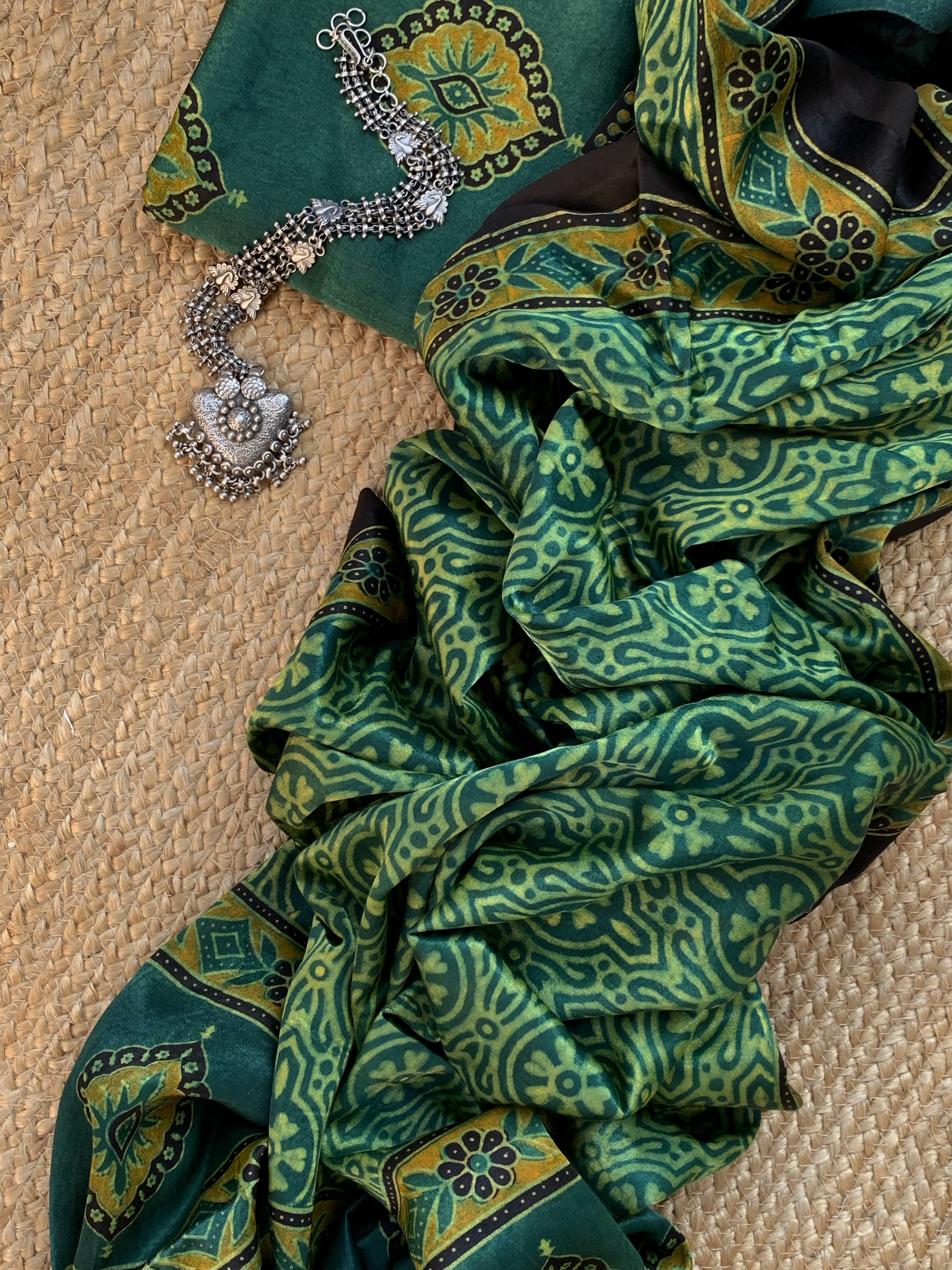Hand Block Natural Dyes Ajrakh Mashru Silk Kurta Dupatta Set