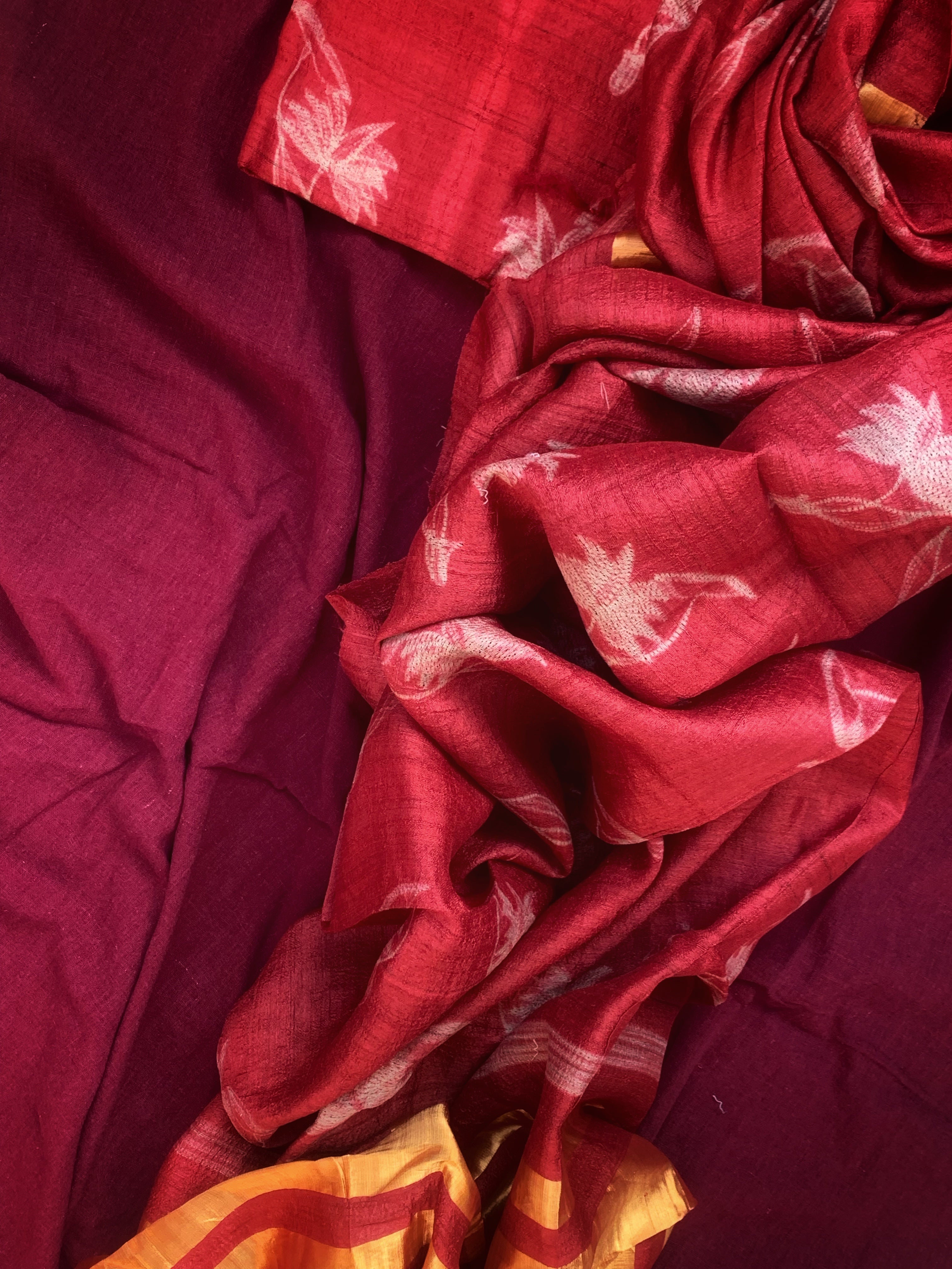 Handwoven & Handmade Tussar Shibori Kurta Dupatta Set - Tomato Red