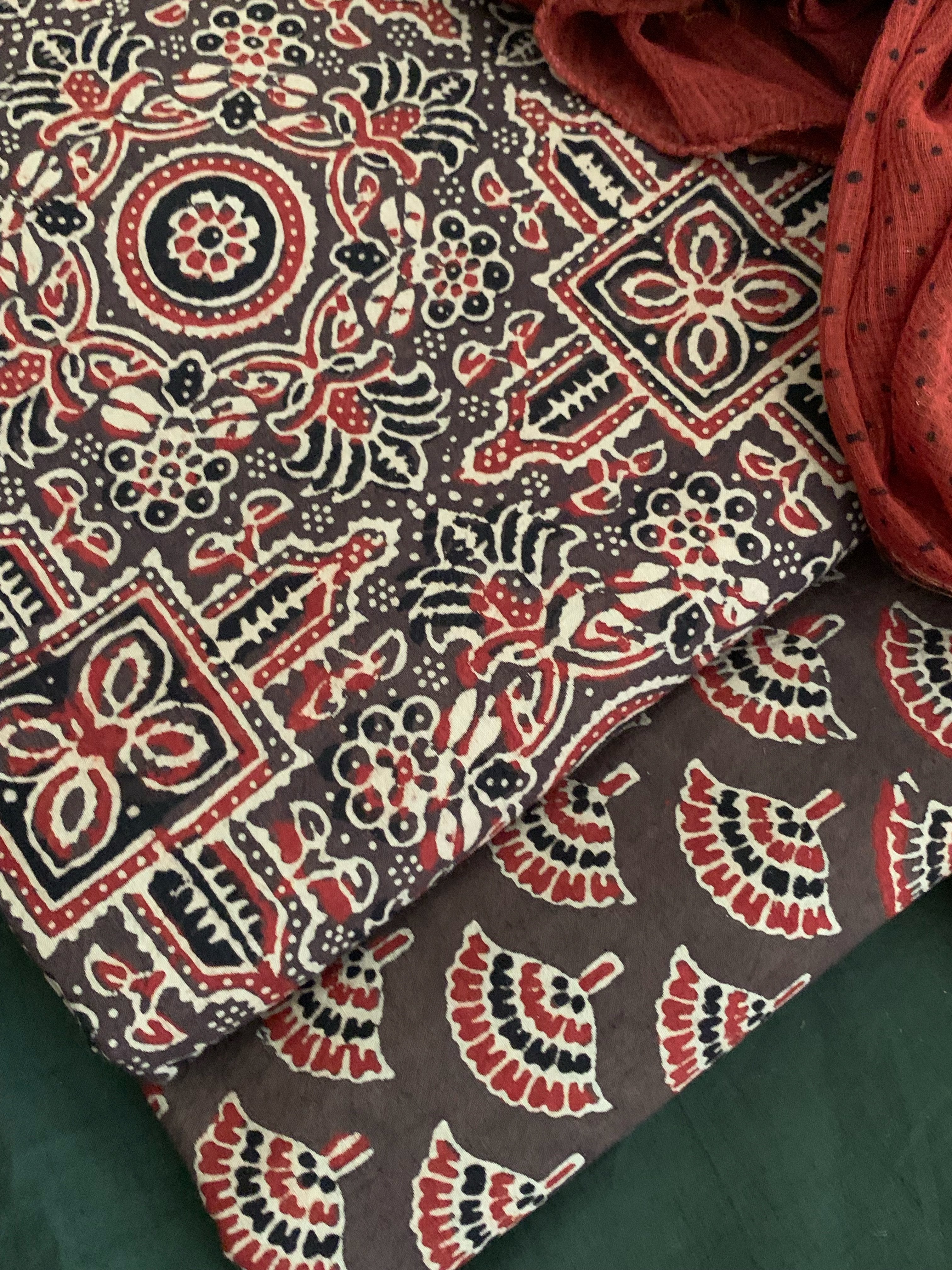 Handblock Ajrakh Cotton Kurta Bottom Set