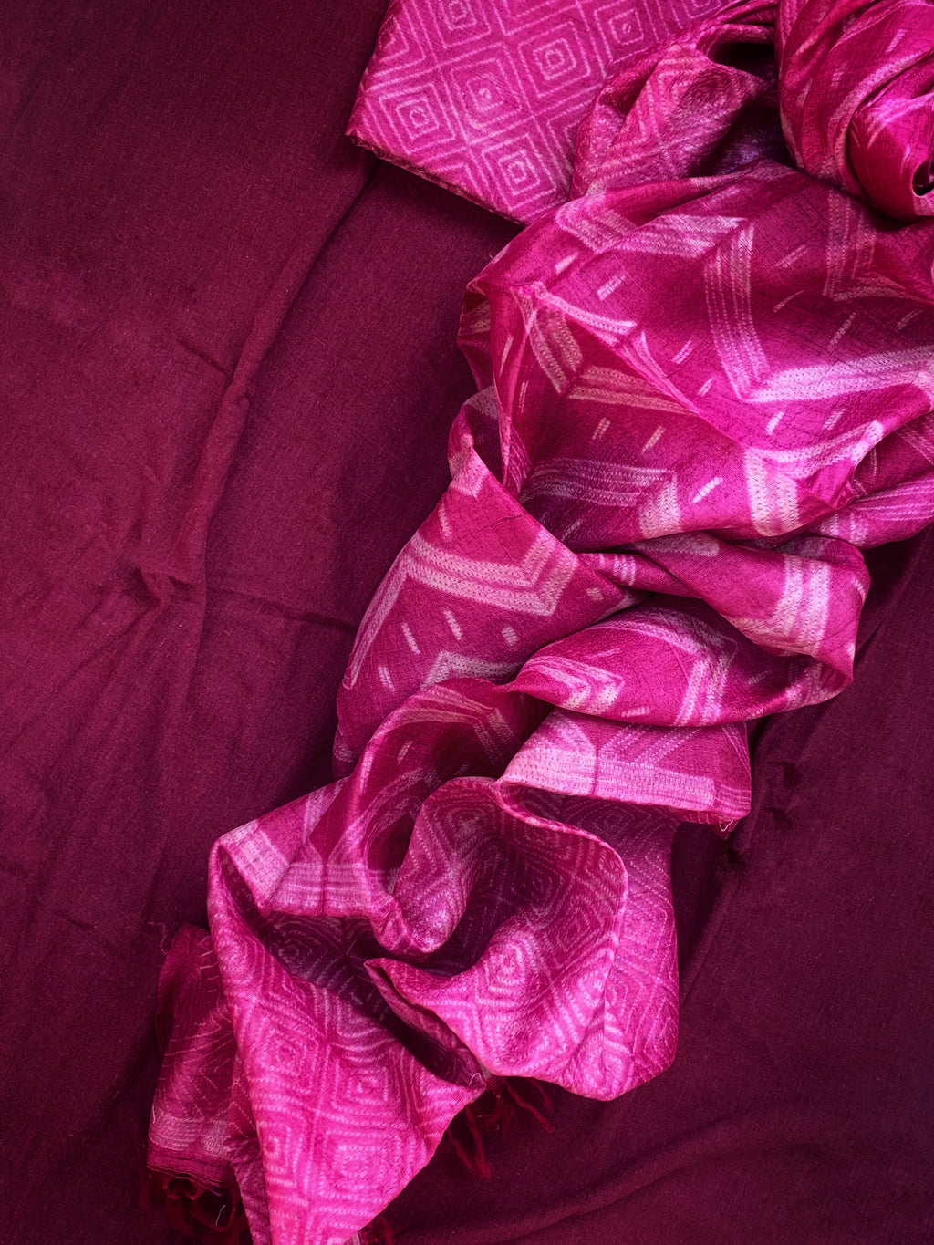 Handwoven & Handmade Tussar Shibori Kurta Dupatta Set - Rose Pink