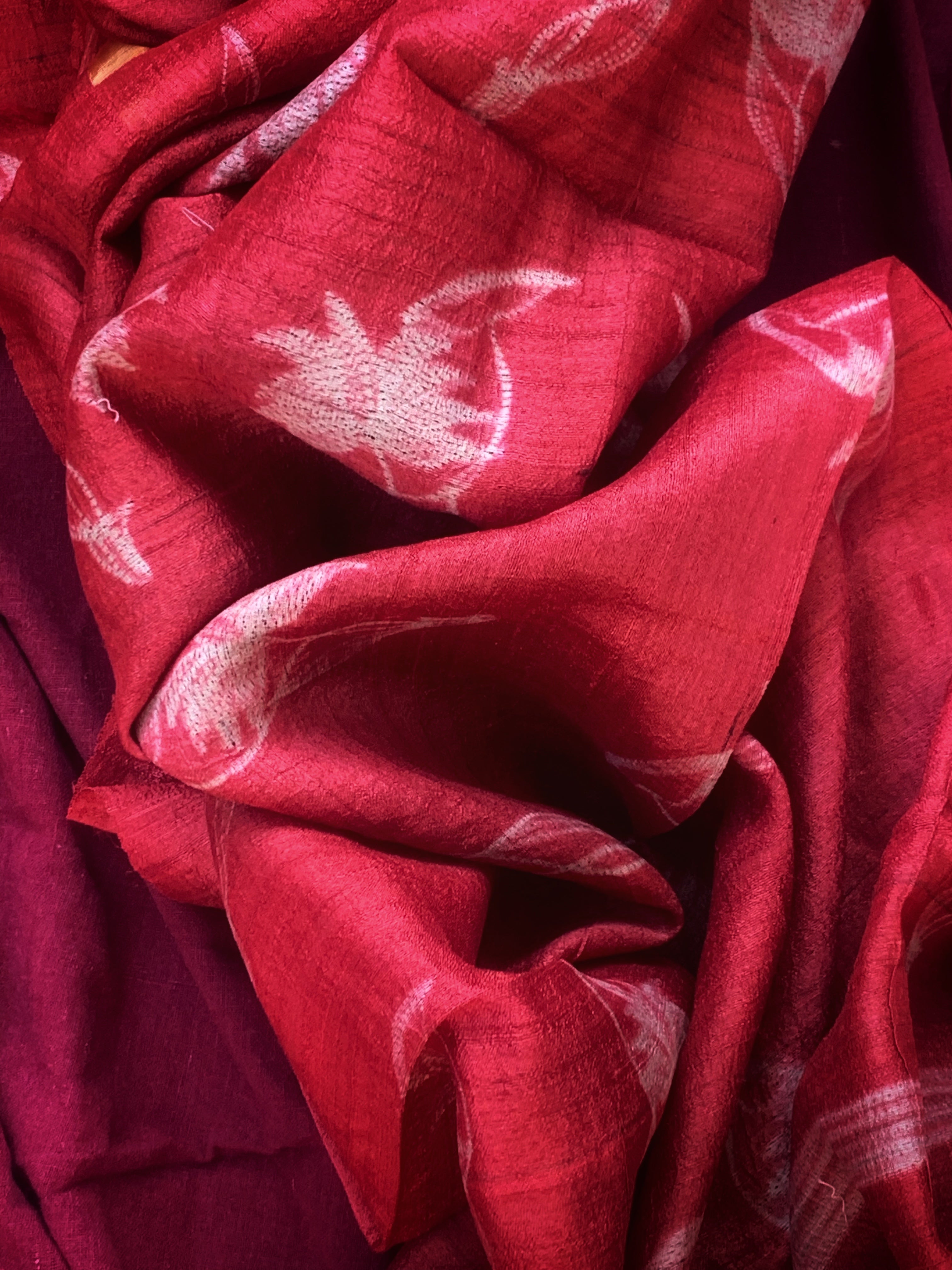 Handwoven & Handmade Tussar Shibori Kurta Dupatta Set - Tomato Red