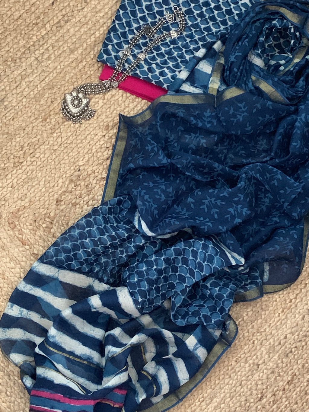 Handblock chanderi suit