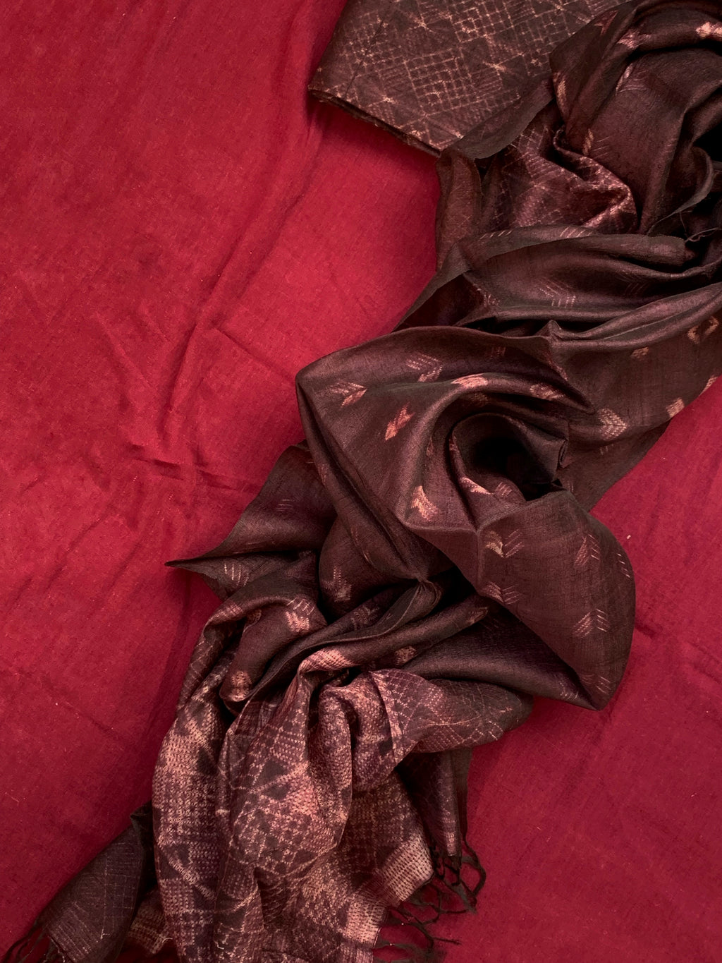Handwoven & Handmade Tussar Shibori Kurta Dupatta Set -Cola Brown