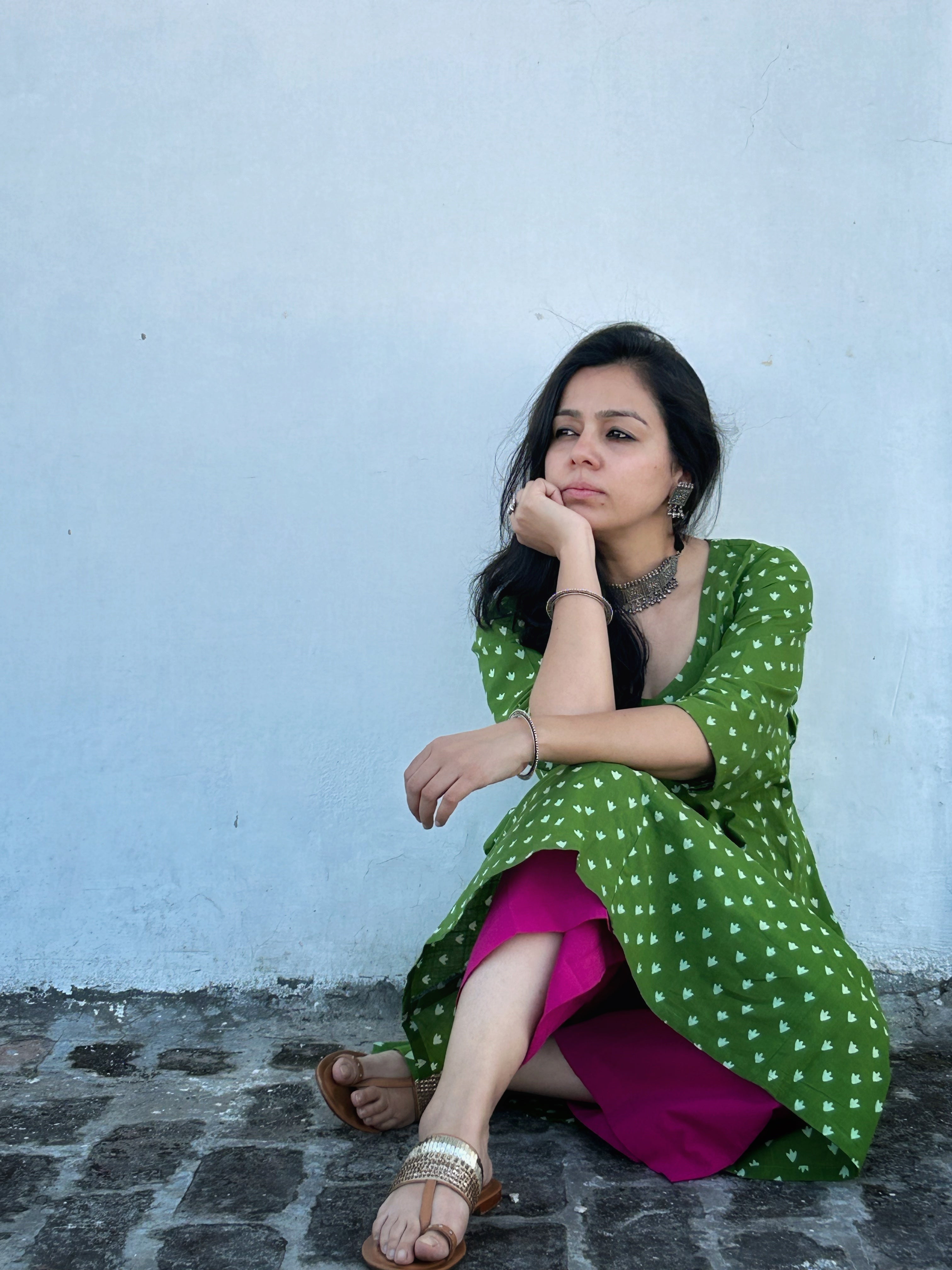 Budding Green - Handblock Comfort Fit Cotton Long Kurta