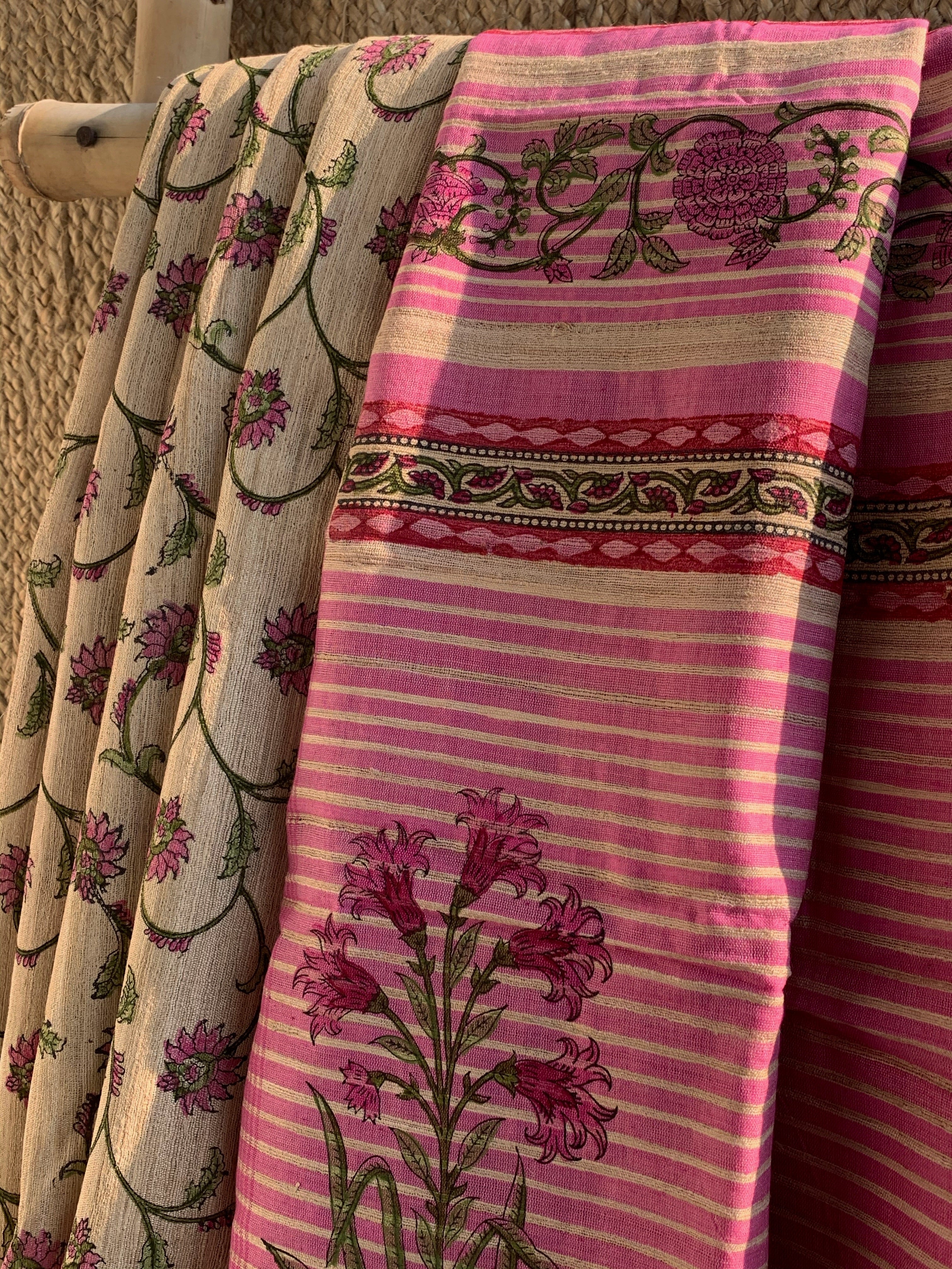 Handwoven & Handblock Printed Tussar Ghicha Saree