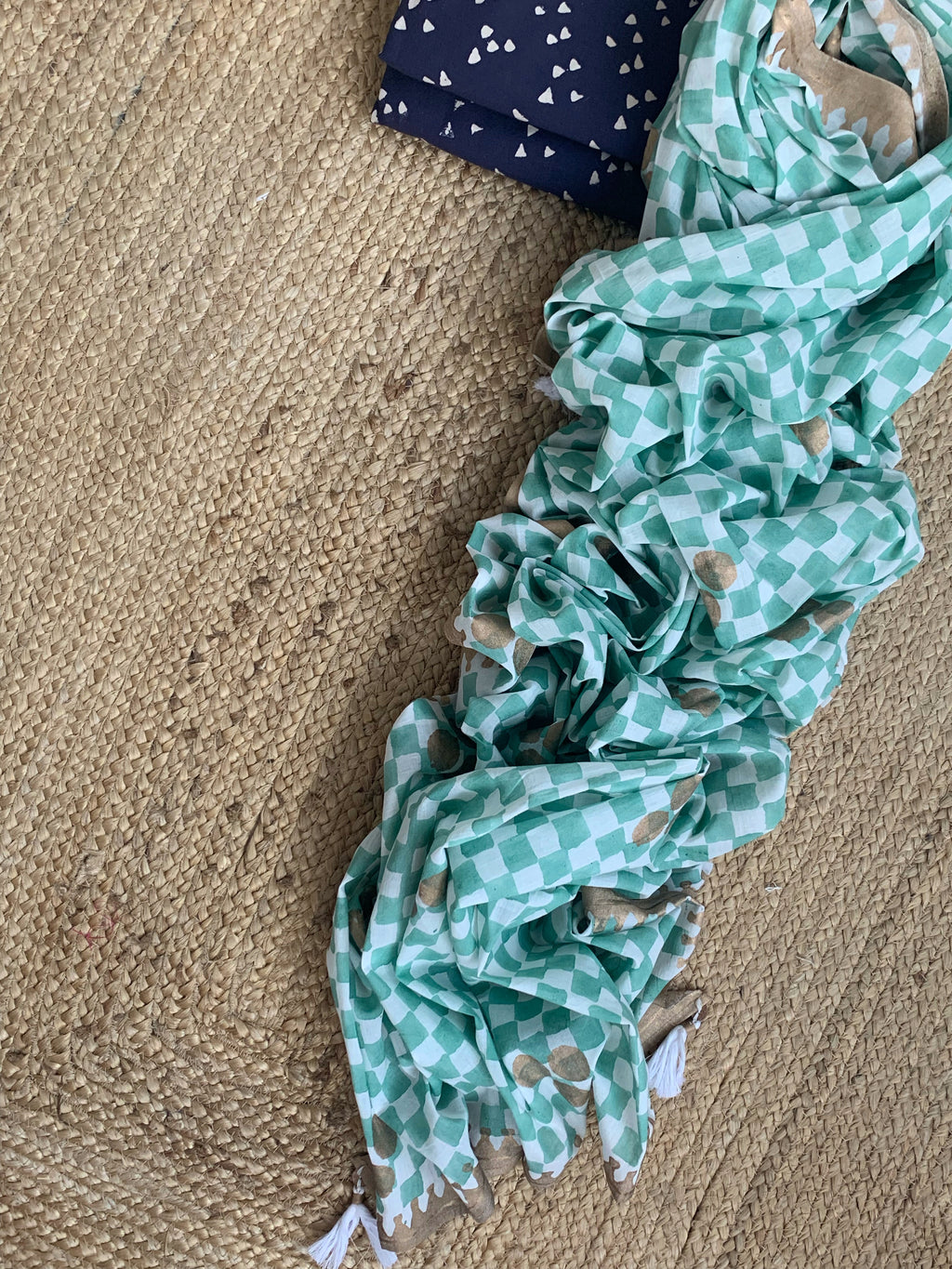 Handcrafted Cotton Mul Dupatta Suit -Midnight Blue & Mint