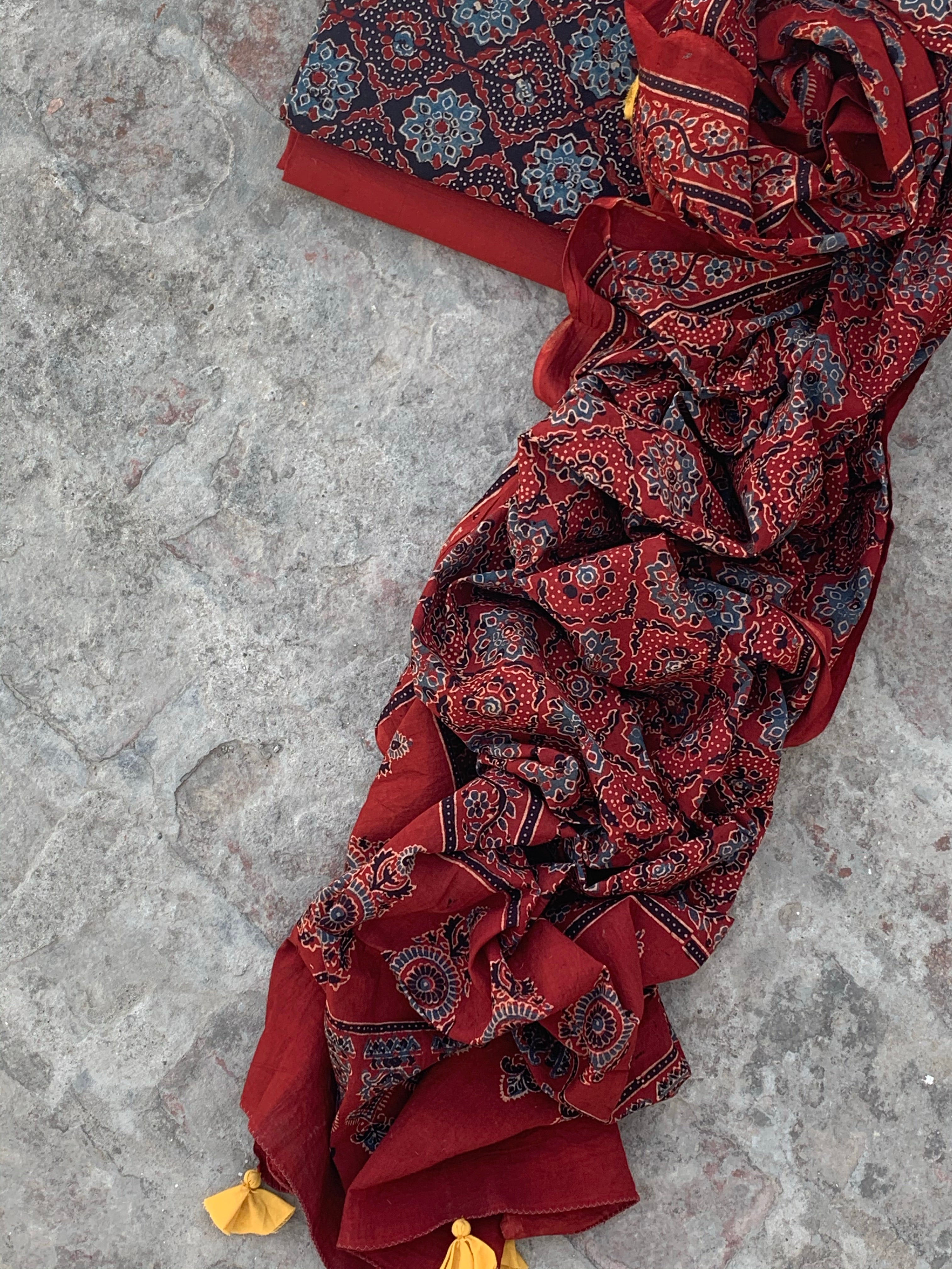 Handblock Ajrakh Cotton Suit