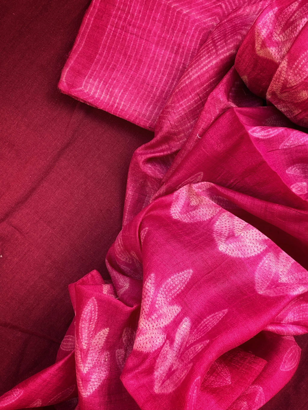 Handwoven & Handmade Tussar Shibori Kurta Dupatta Set - Rose Pink