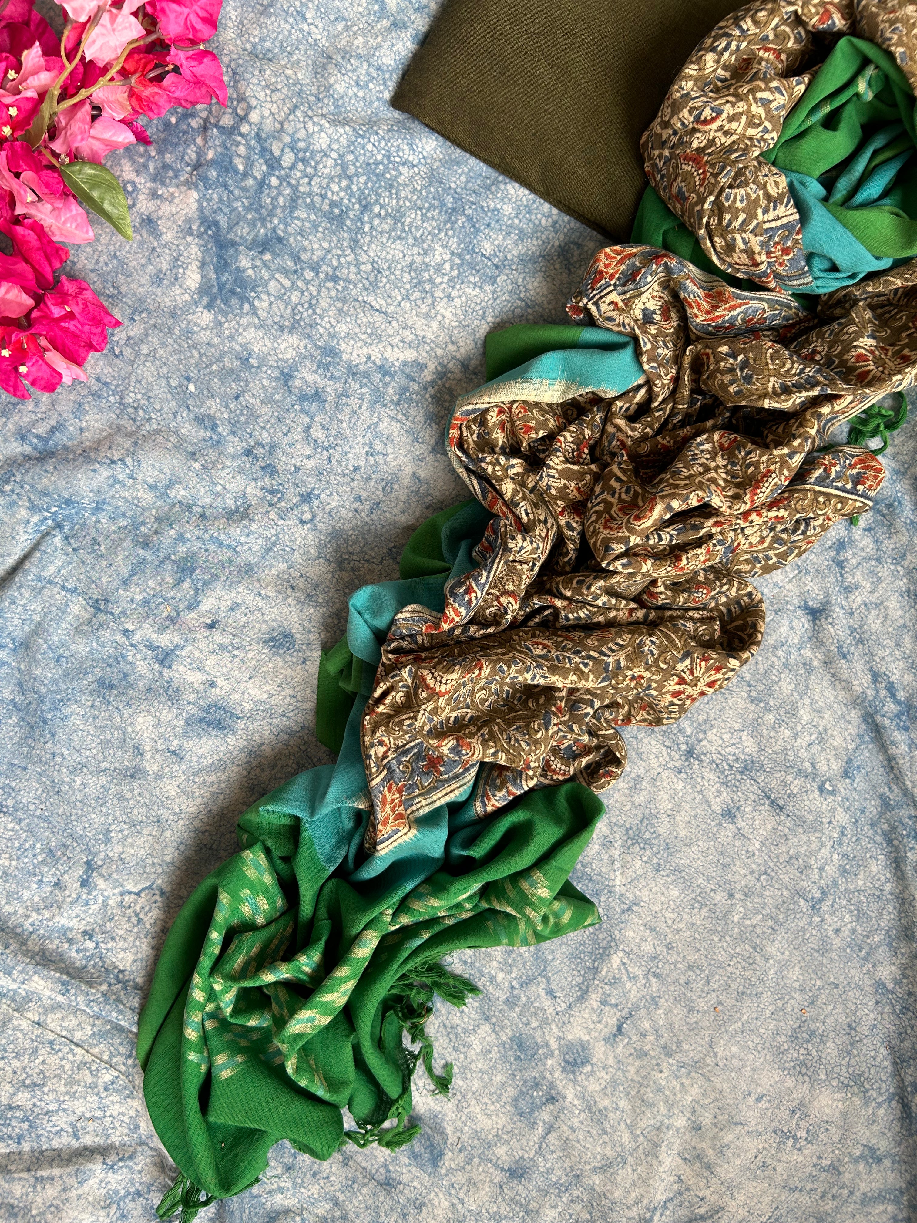 Handwoven Handcrafted Ikat Kalamkari Kurta Dupatta Set