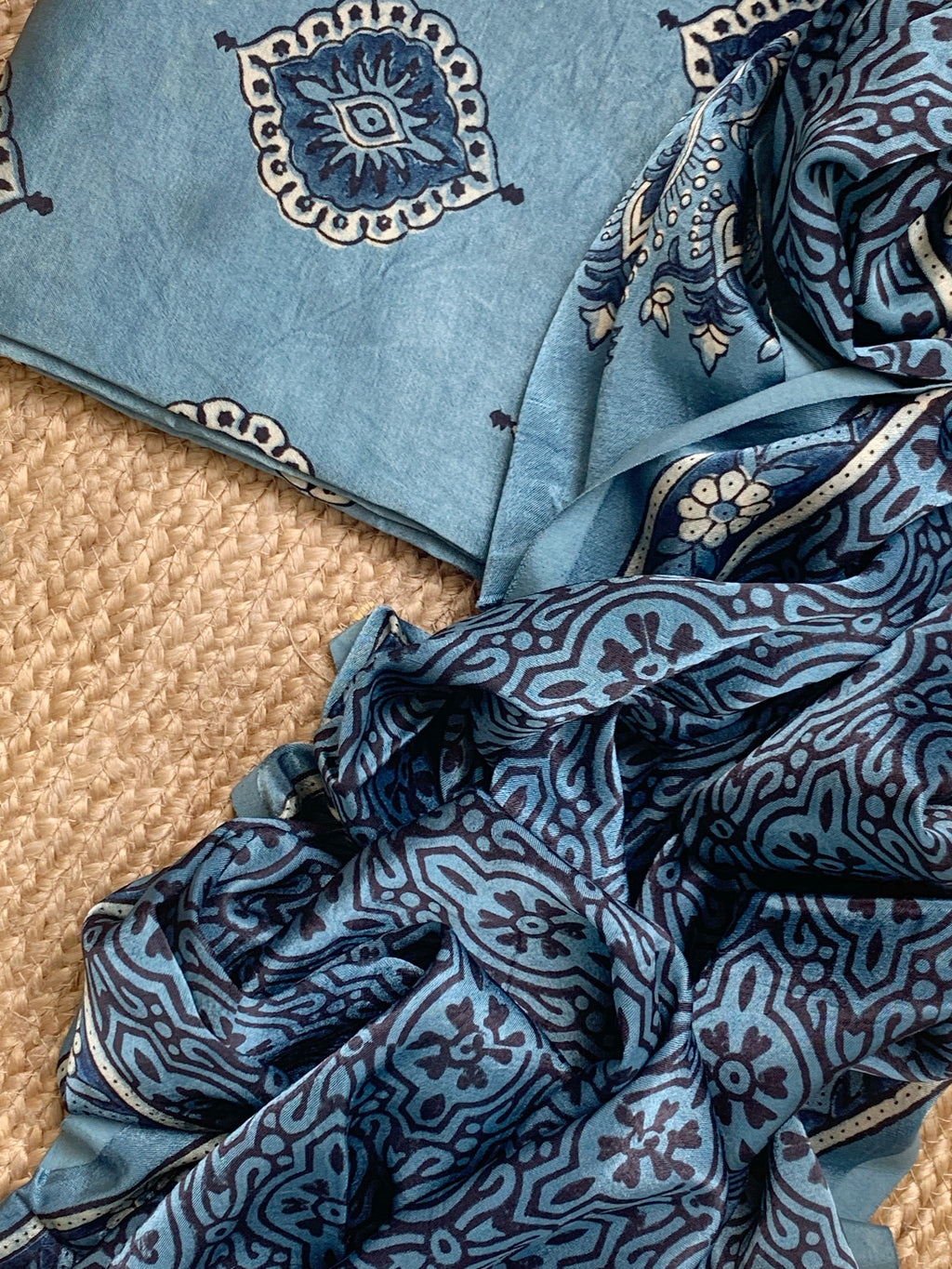 Hand Block Natural Dyes Ajrakh Mashru Silk Kurta Dupatta Set