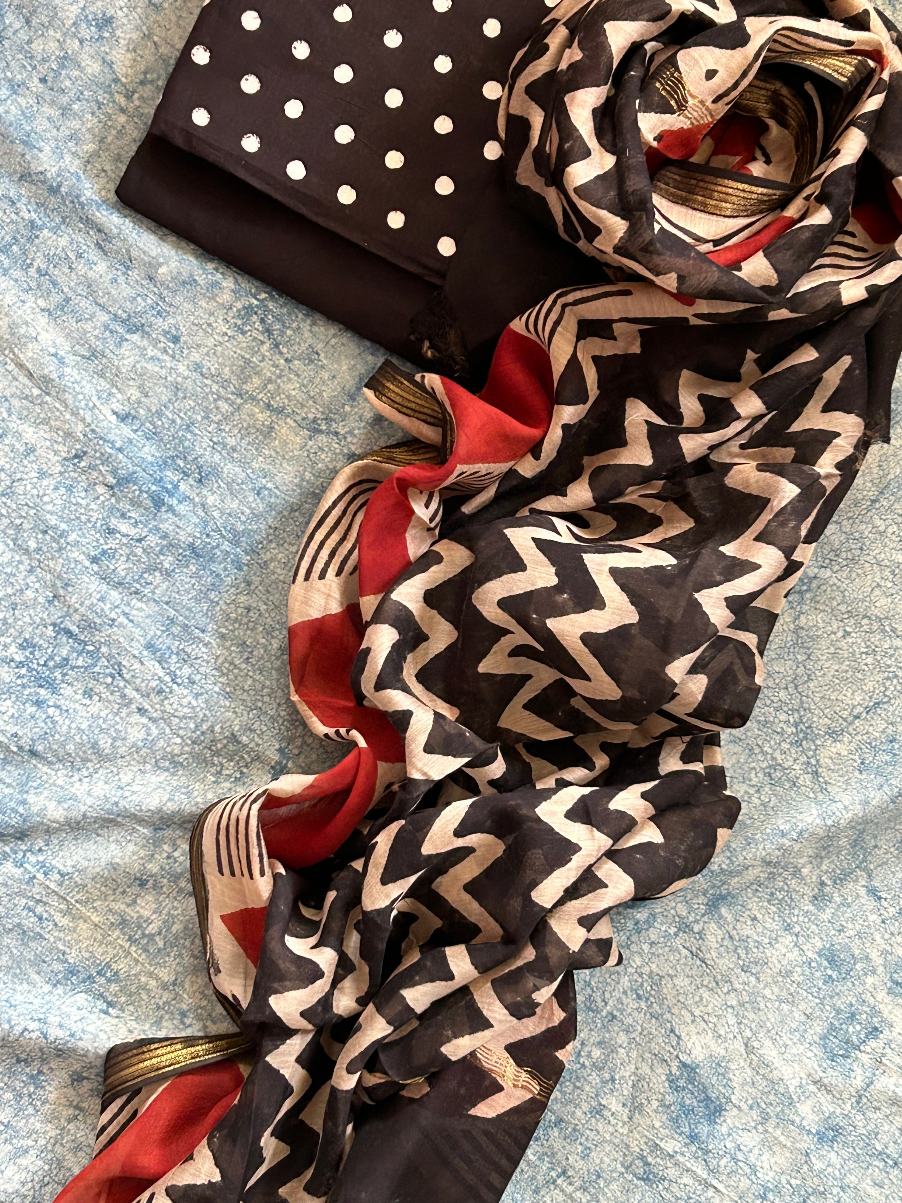 Handblock Printed Cotton Chanderi Dupatta Suit