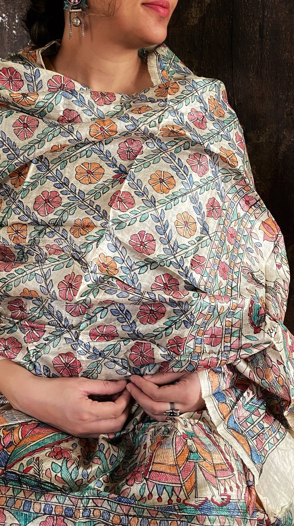 Madhubani Handpainted Tussar Silk Dupatta