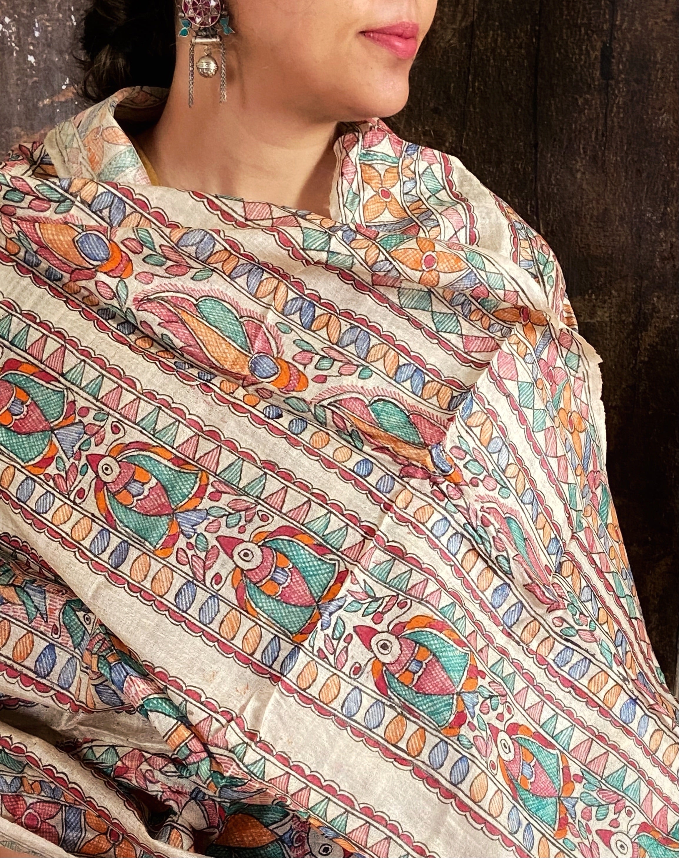 Madhubani Handpainted Tussar Silk Dupatta