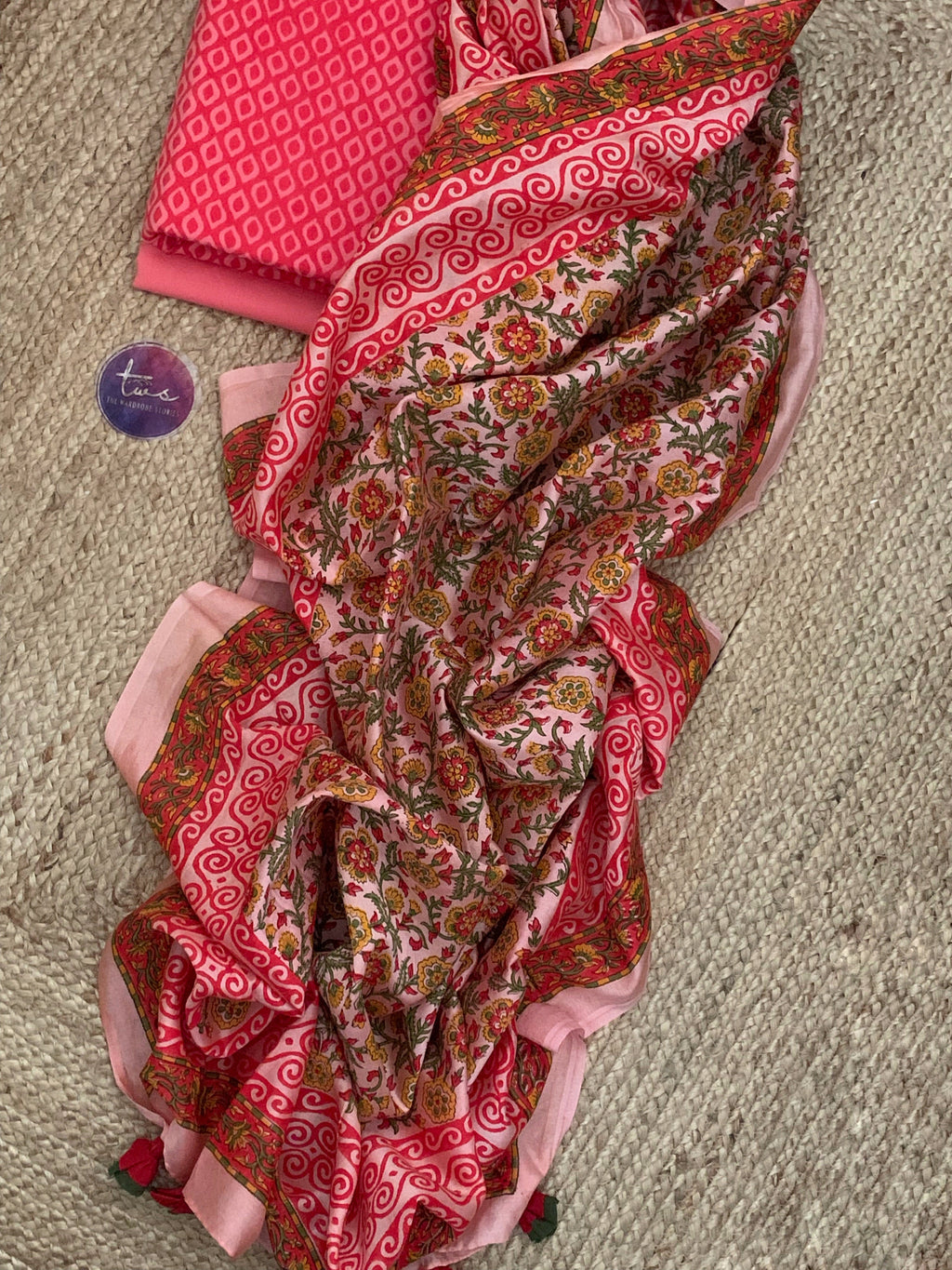 Coral Pink Handcrafted Cotton Chanderi Kurta Dupatta Set