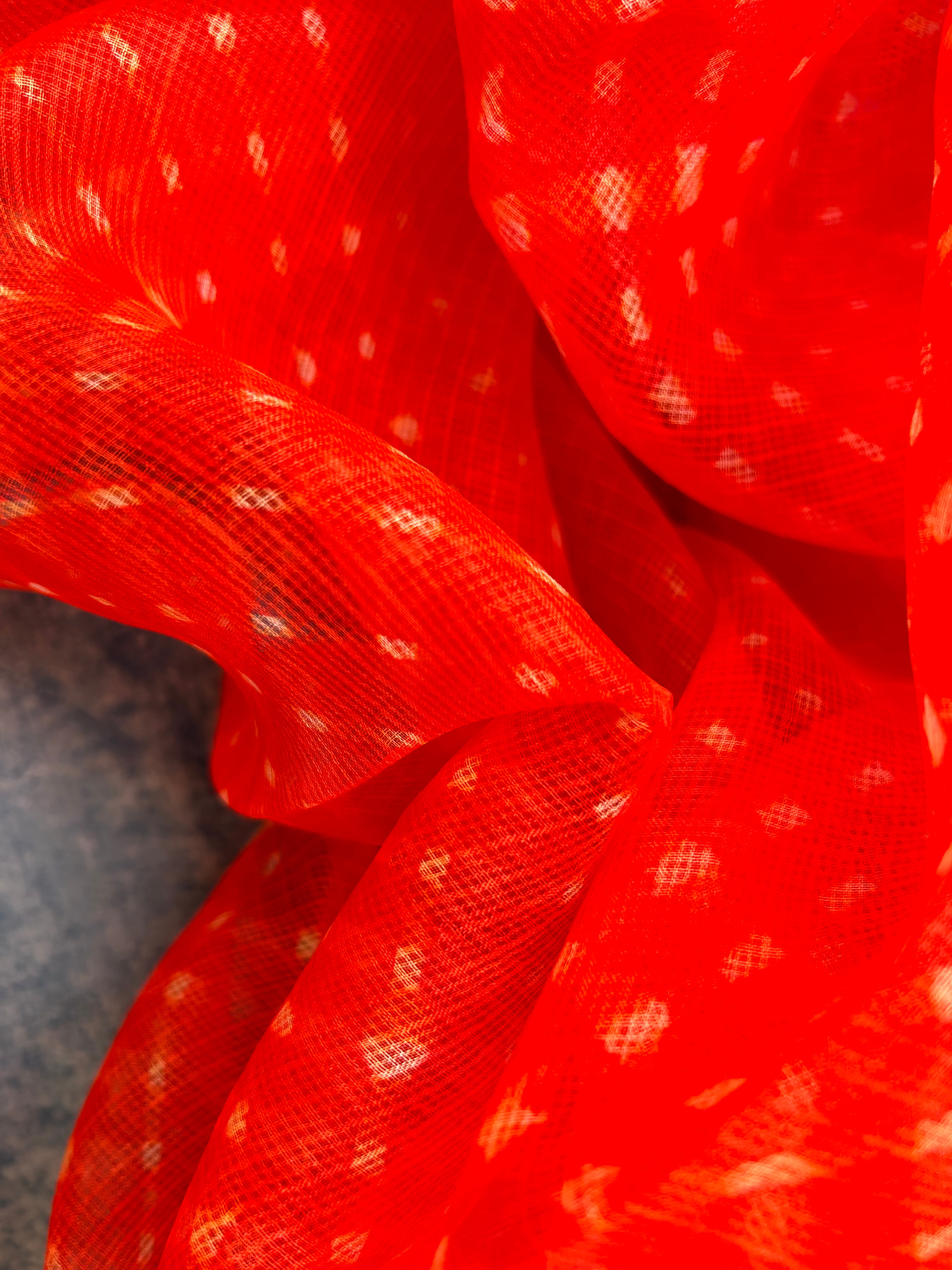 Handcrafted Tie-Dye Silk Kota Doria Dupatta -Mandarin Orange