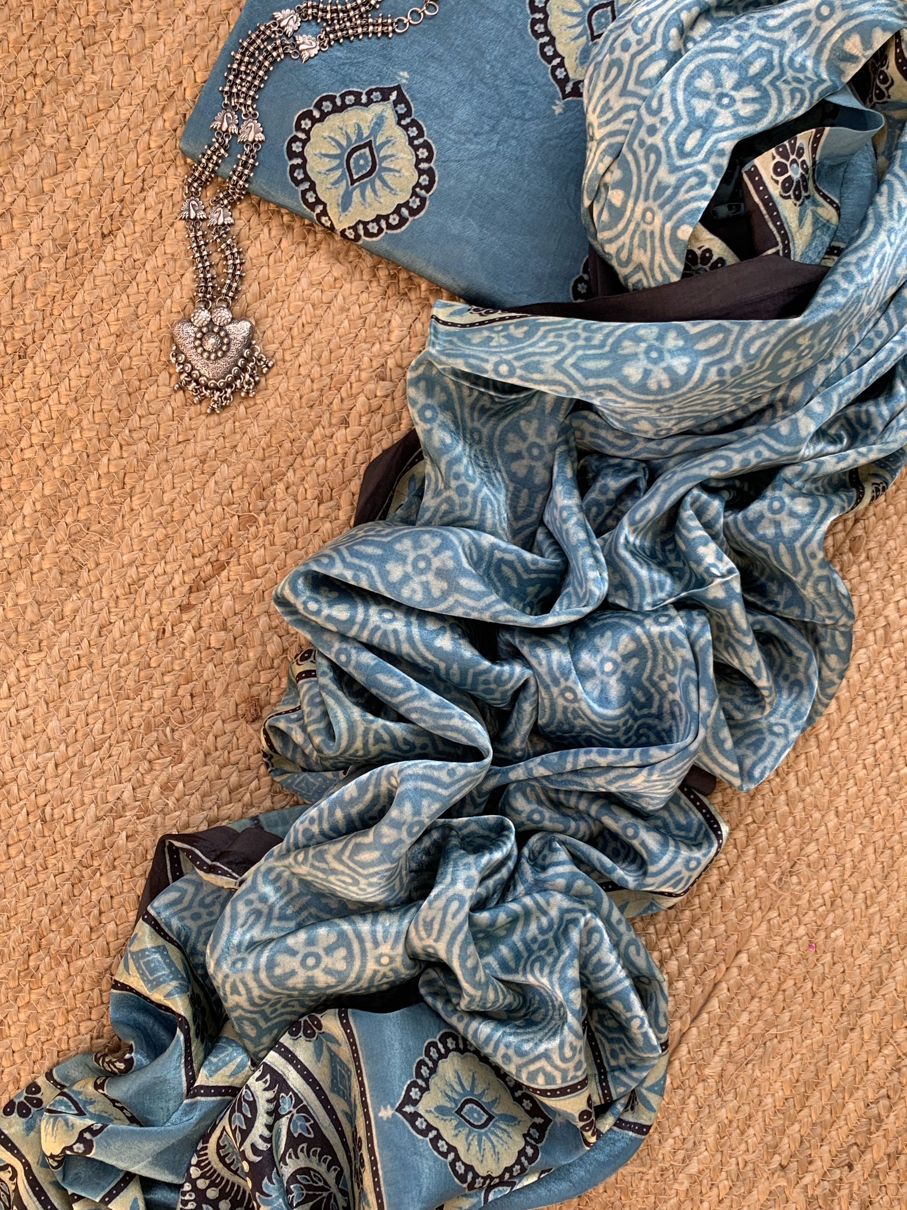 Hand Block Natural Dyes Ajrakh Mashru Silk Kurta Dupatta Set
