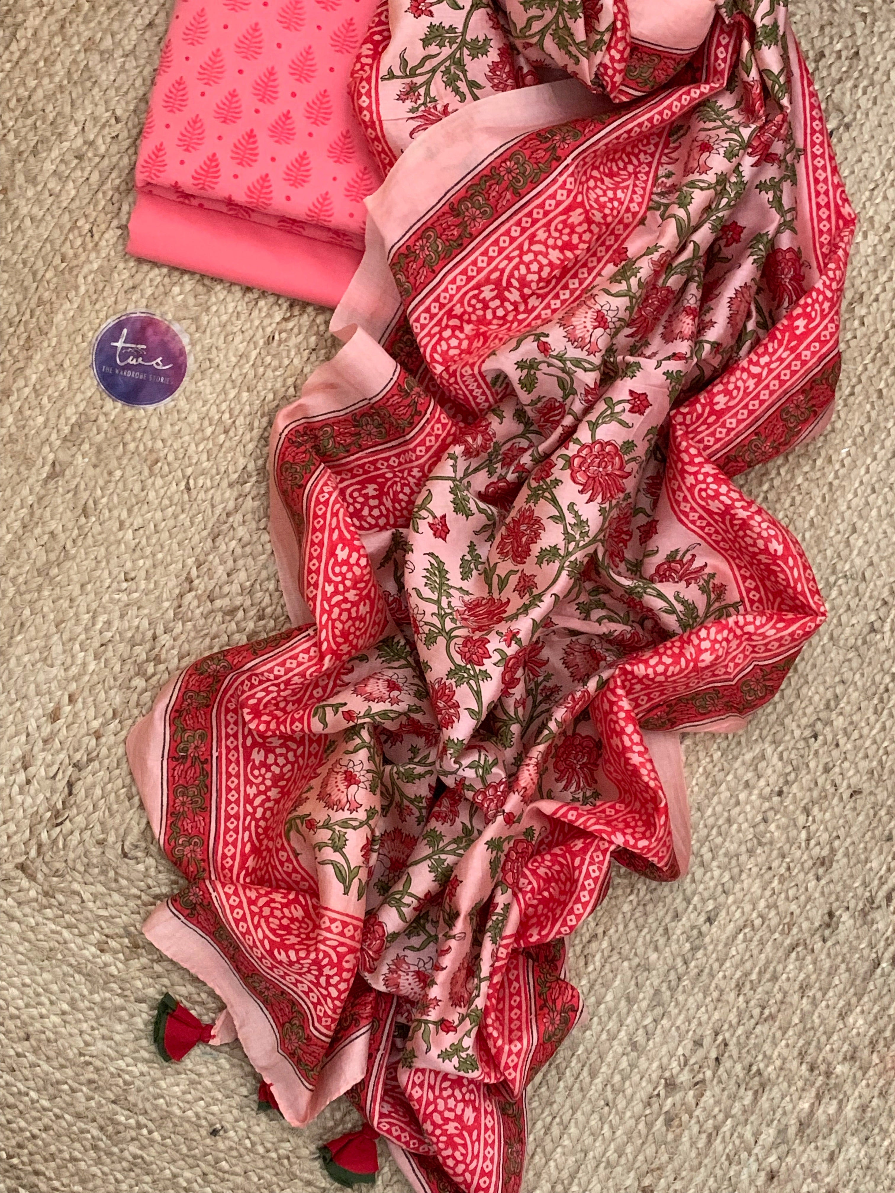 Coral Pink Handcrafted Cotton Chanderi Kurta Dupatta Set