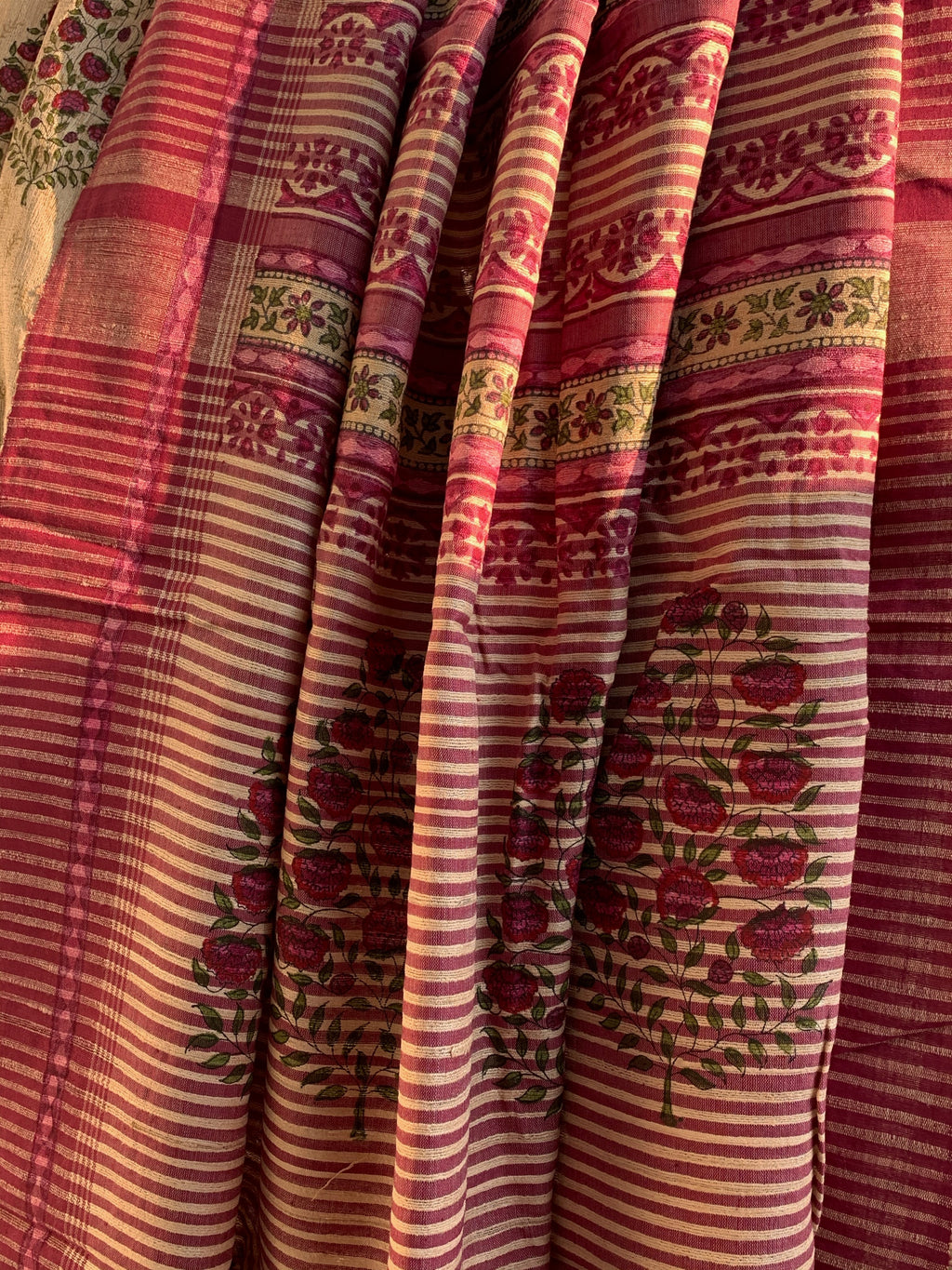 Handwoven & Handblock Printed Tussar Ghicha Saree