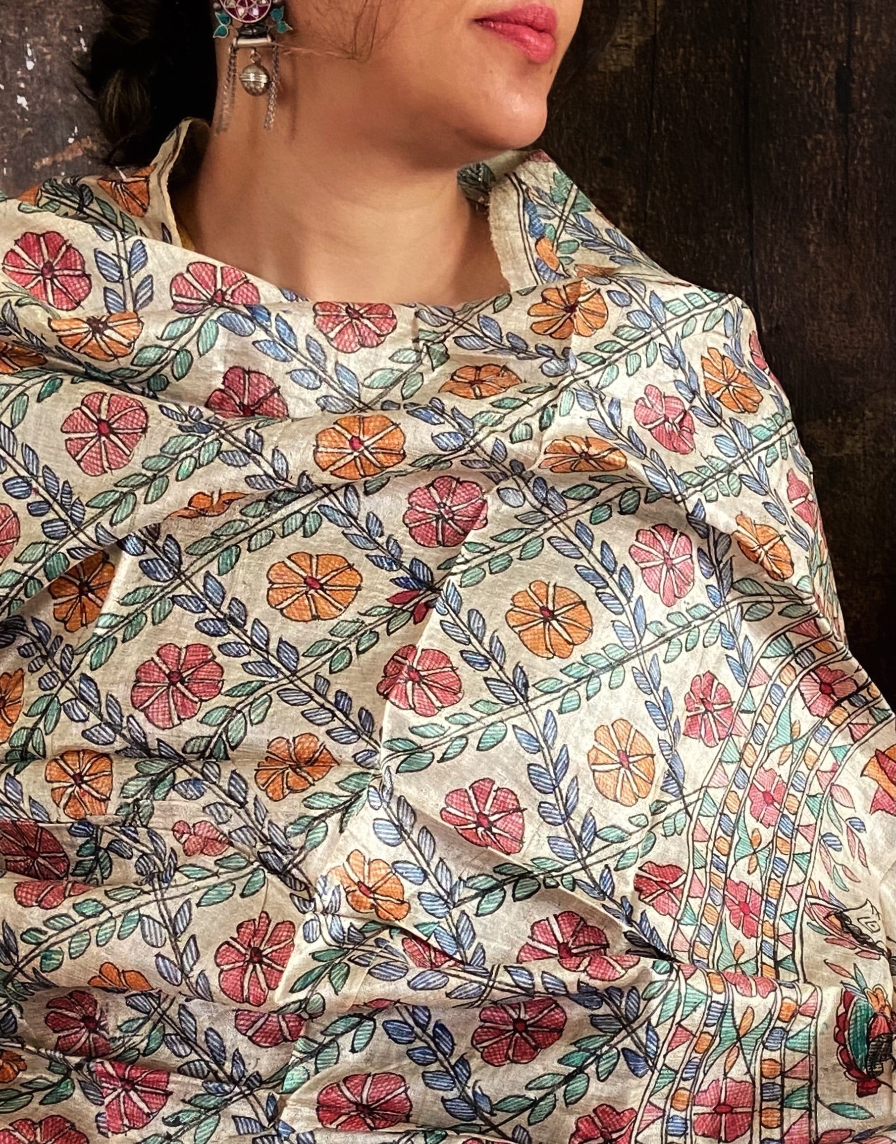 Madhubani Handpainted Tussar Silk Dupatta