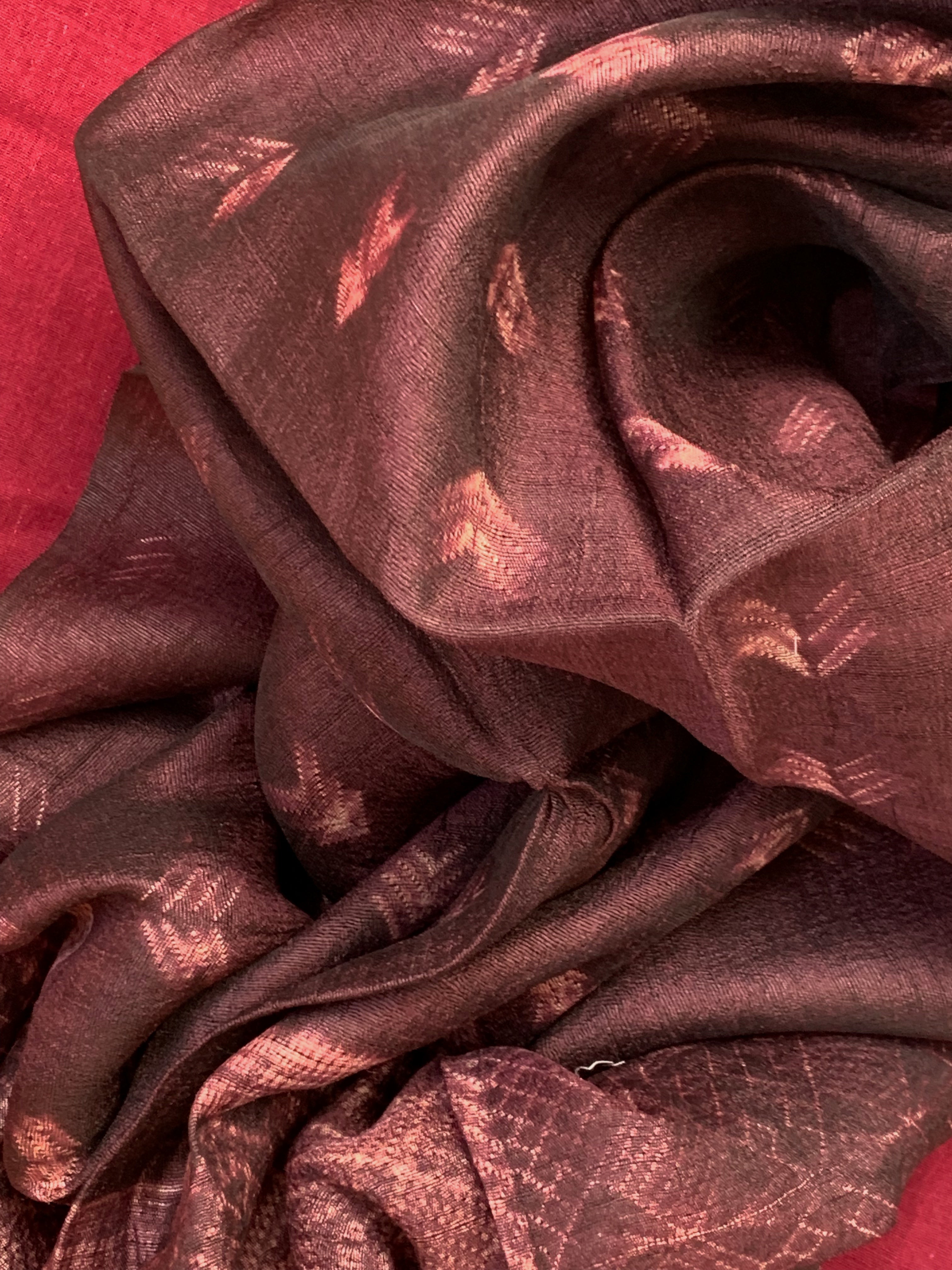 Handwoven & Handmade Tussar Shibori Kurta Dupatta Set -Cola Brown