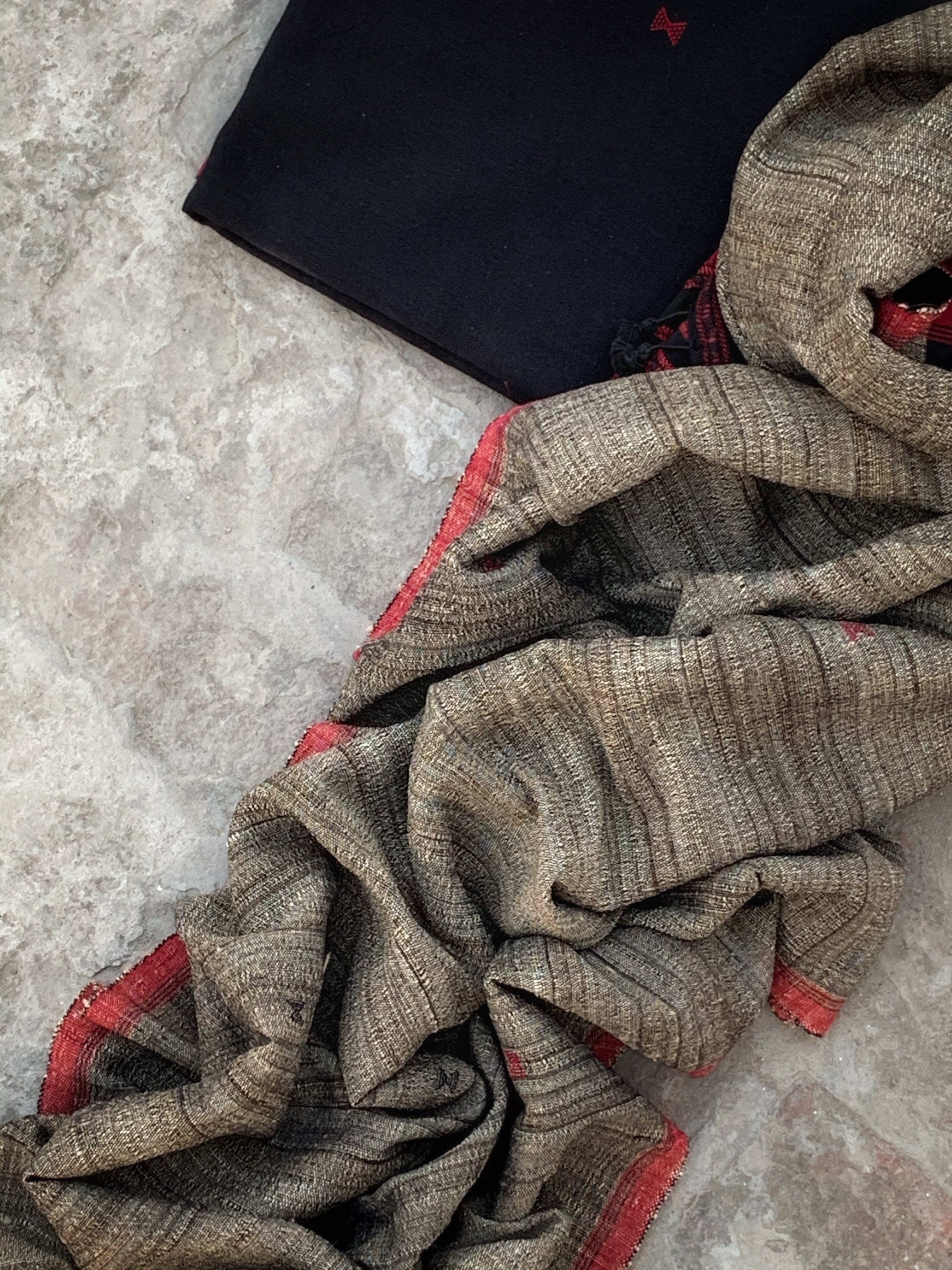 Handwoven Tussar Silk Cotton Bhujodi Kurta Dupatta Set