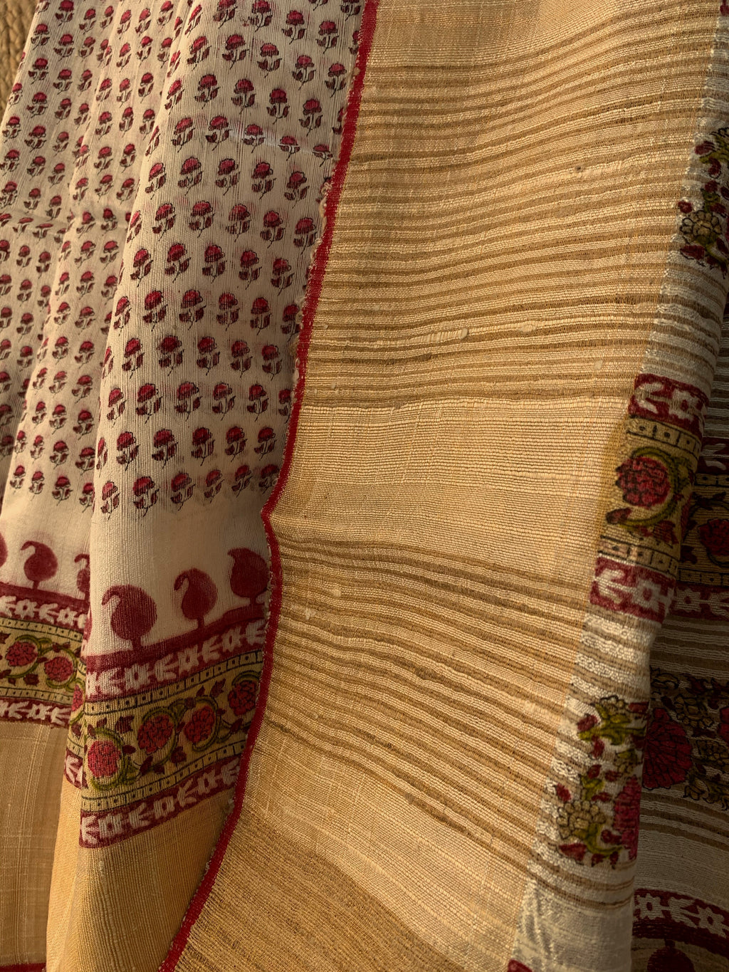 Handwoven & Handblock Printed Tussar Dupion Saree