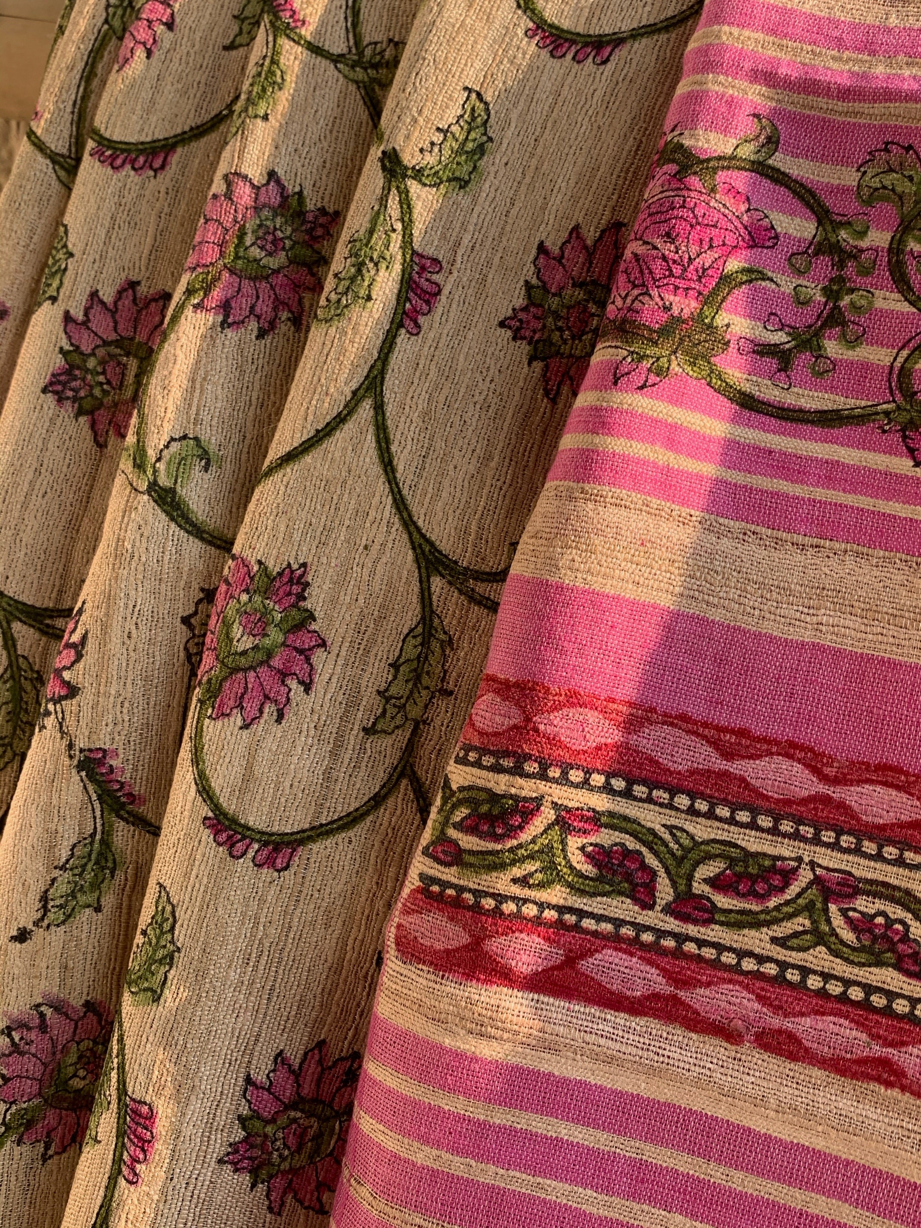 Handwoven & Handblock Printed Tussar Ghicha Saree