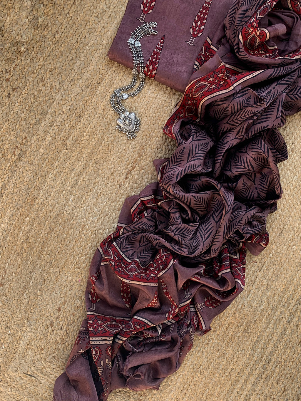 Hand Block Natural Dyes Ajrakh Mashru Silk Kurta Dupatta Set
