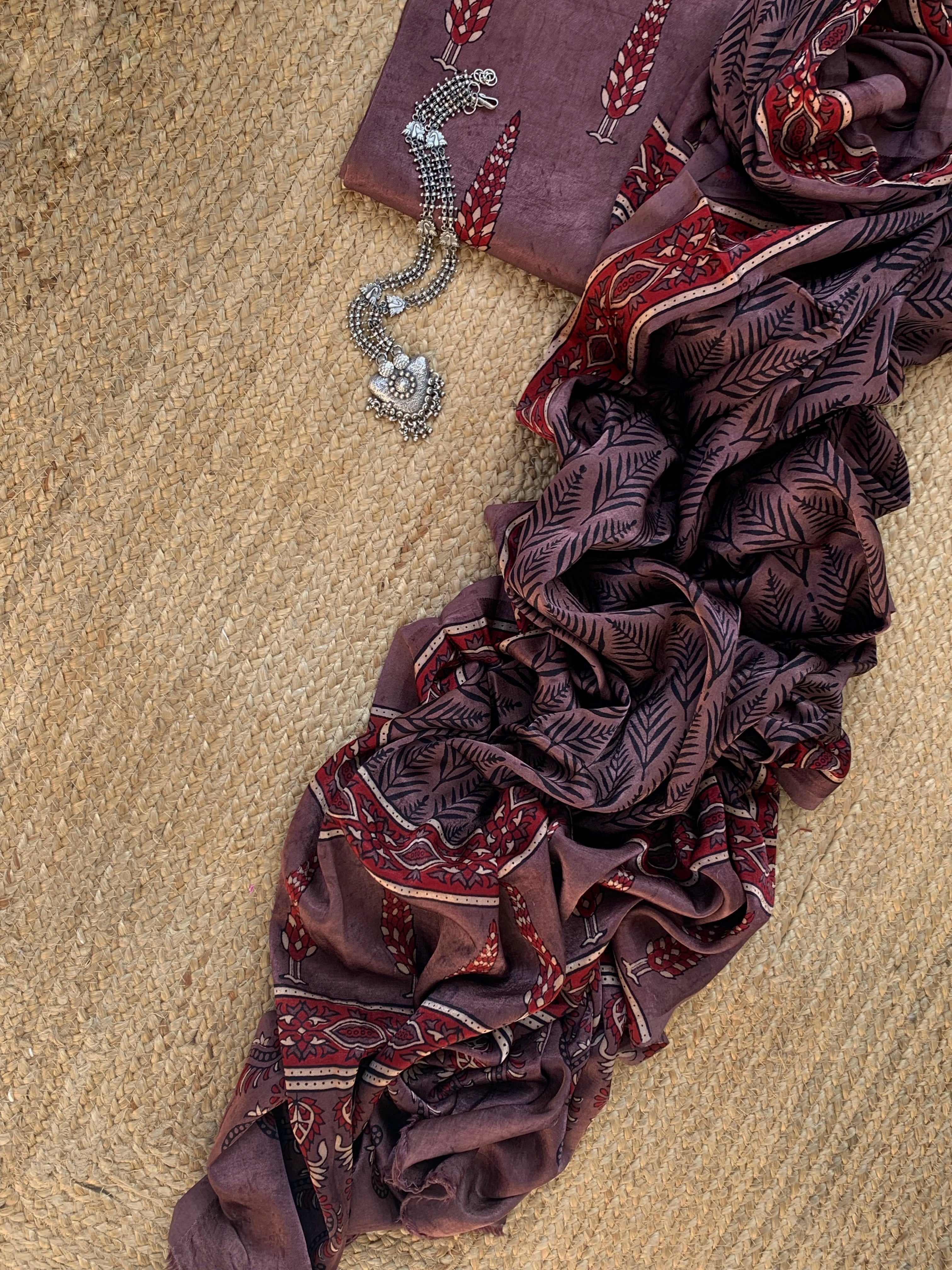 Hand Block Natural Dyes Ajrakh Mashru Silk Kurta Dupatta Set