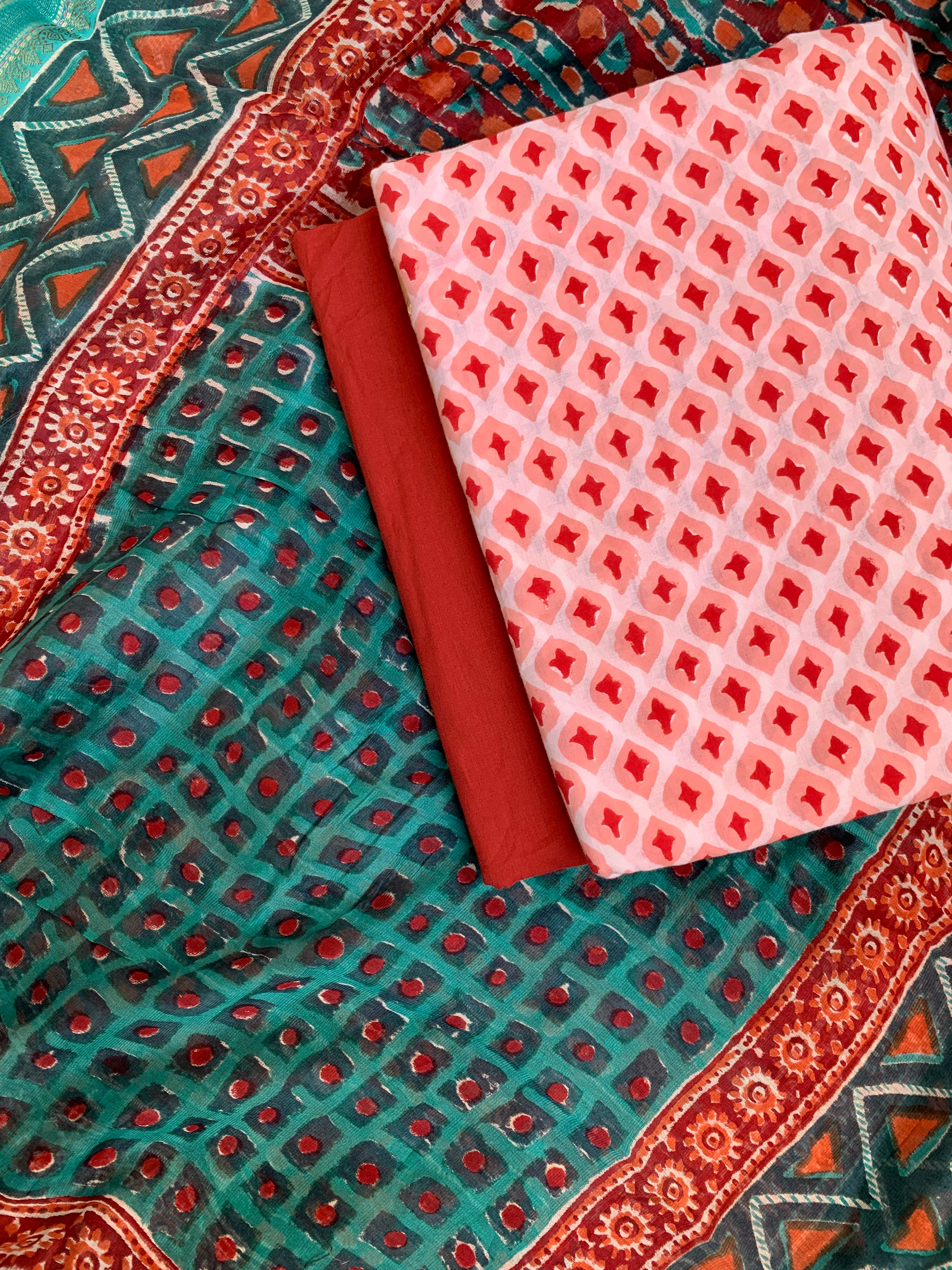 Handblock Printed Cotton Chanderi Dupatta Suit