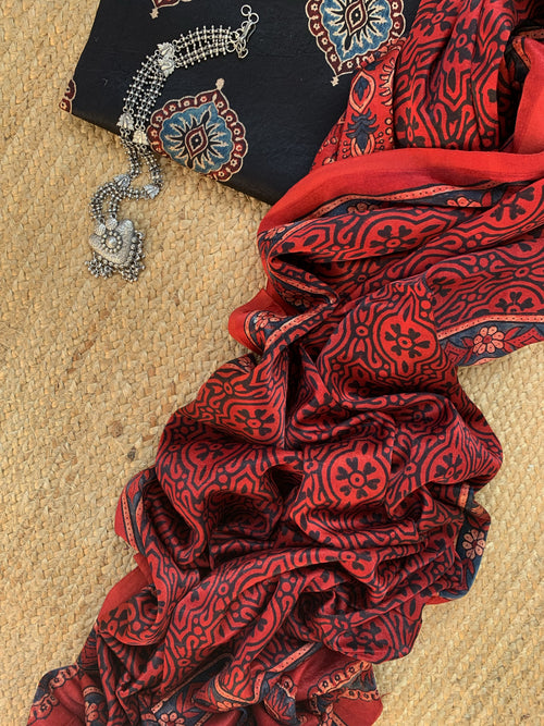 Hand Block Natural Dyes Ajrakh Mashru Silk Kurta Dupatta Set