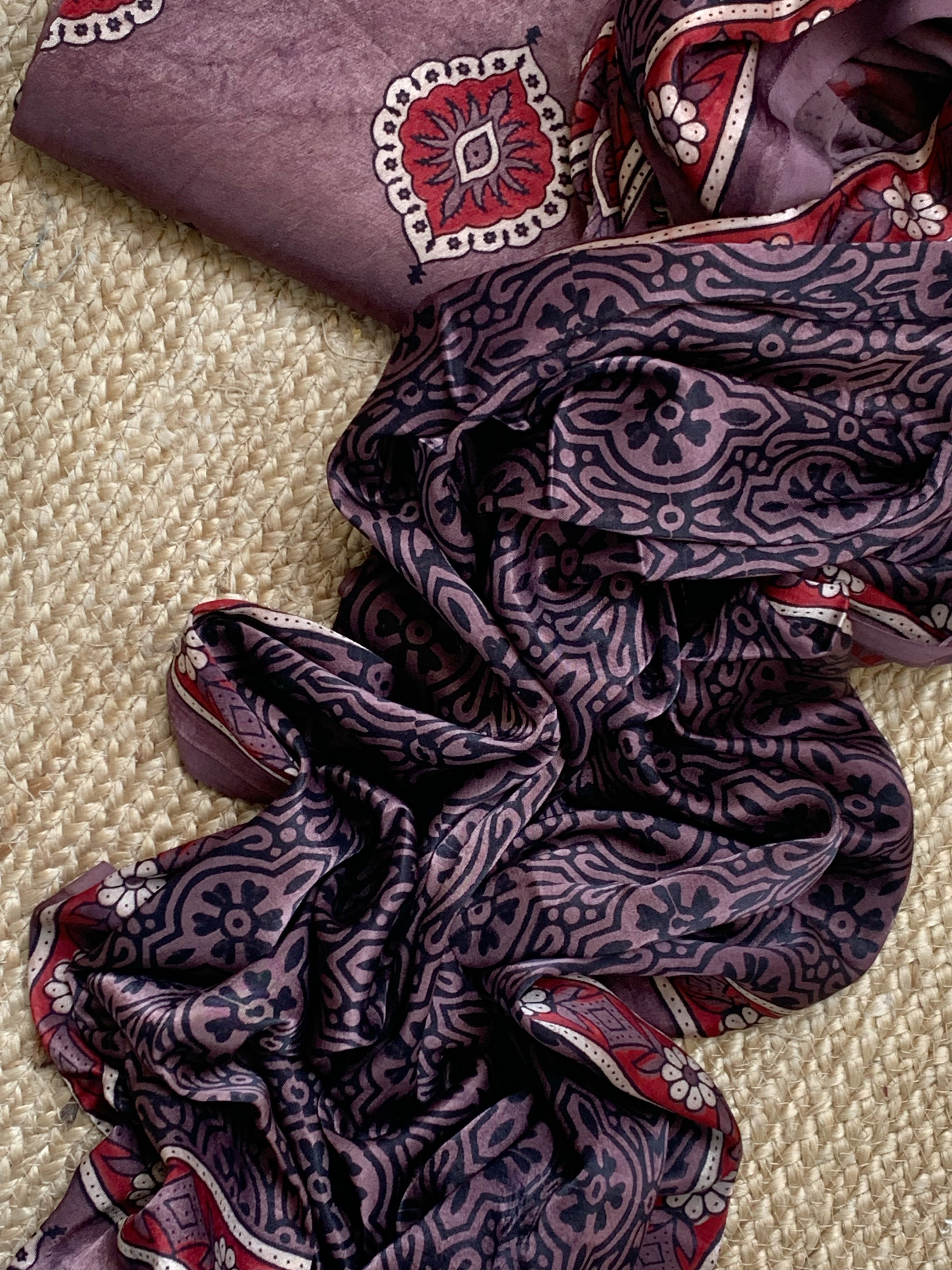 Hand Block Natural Dyes Ajrakh Mashru Silk Kurta Dupatta Set