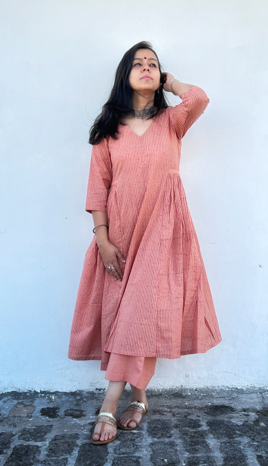 Peach Blossoms - Handblock Comfort Fit Cotton Long Kurta Bottom Set