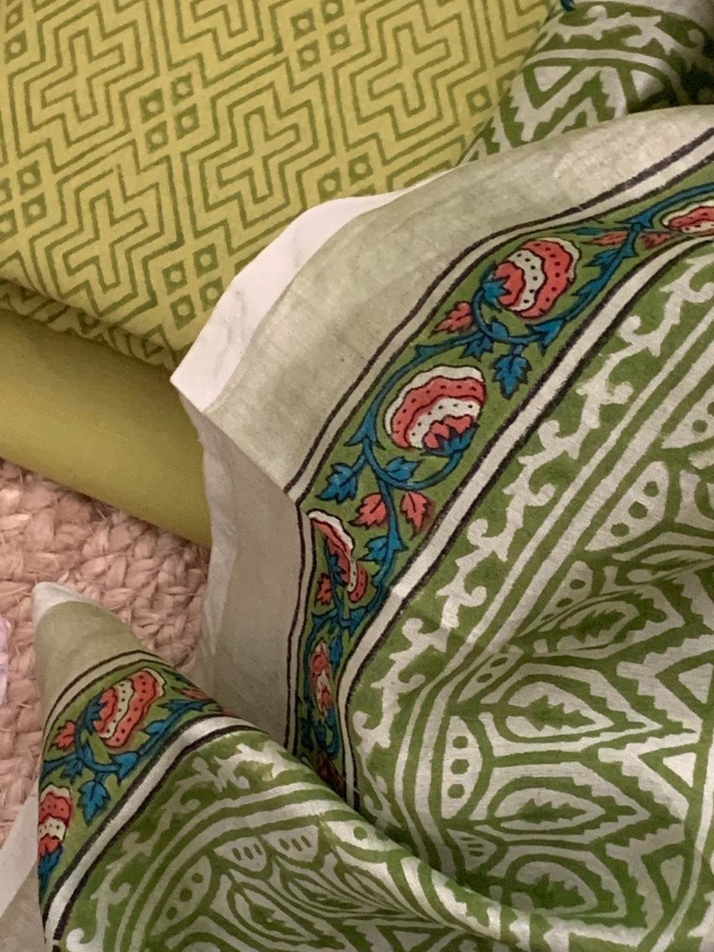 Pastel Green Handcrafted Cotton Chanderi Kurta Dupatta Set