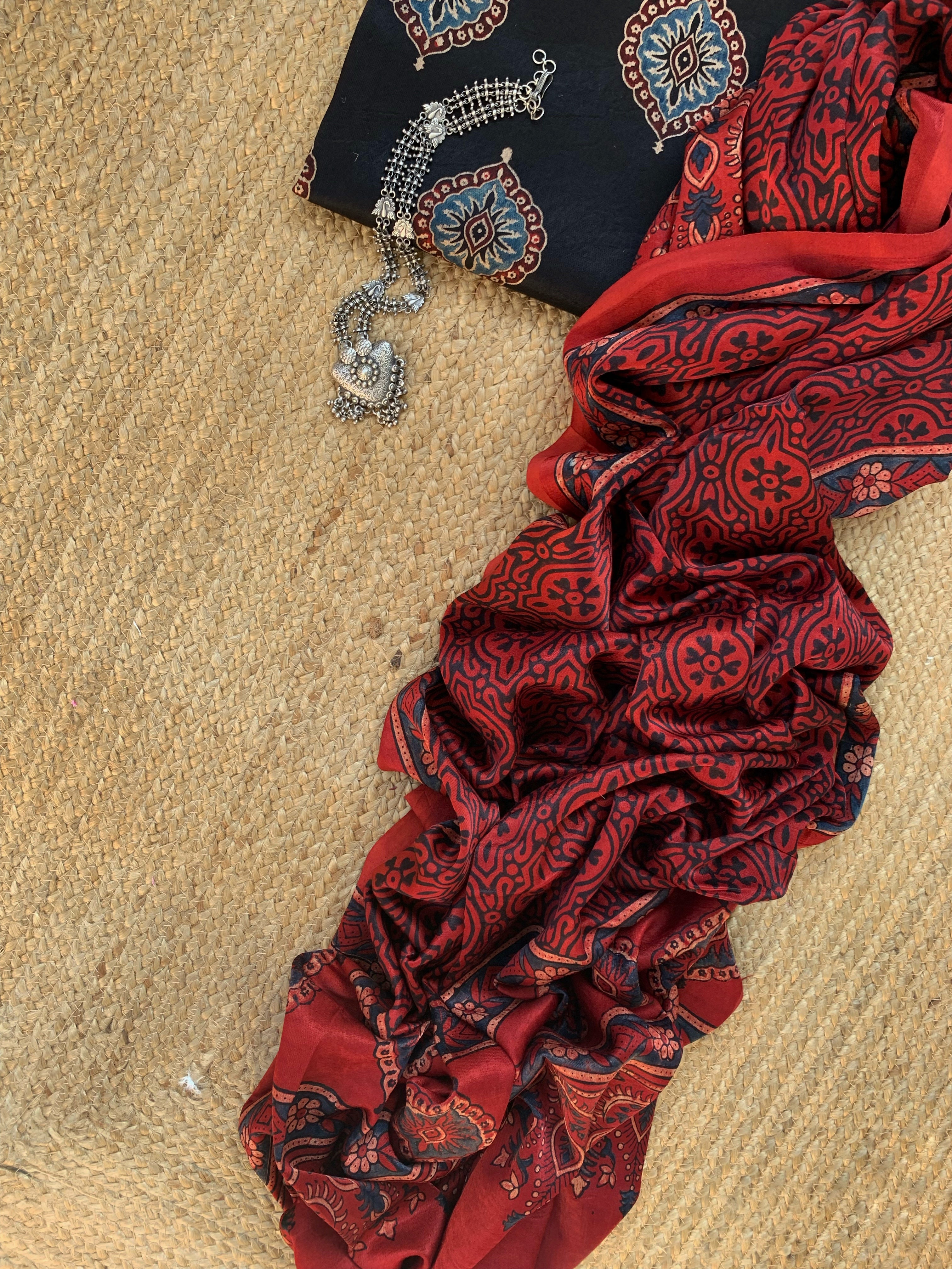 Hand Block Natural Dyes Ajrakh Mashru Silk Kurta Dupatta Set