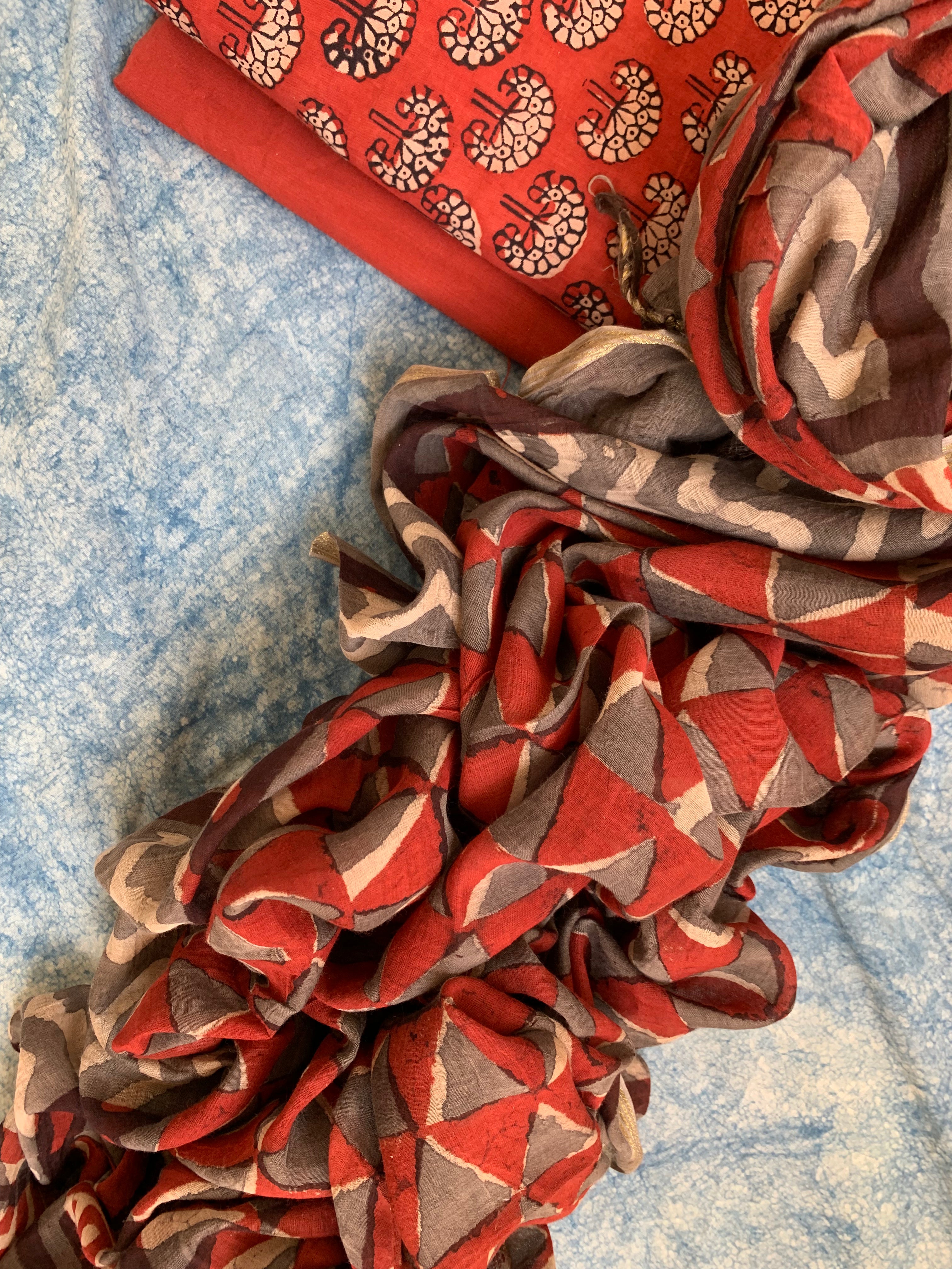 Handblock Printed Cotton Chanderi Dupatta Suit