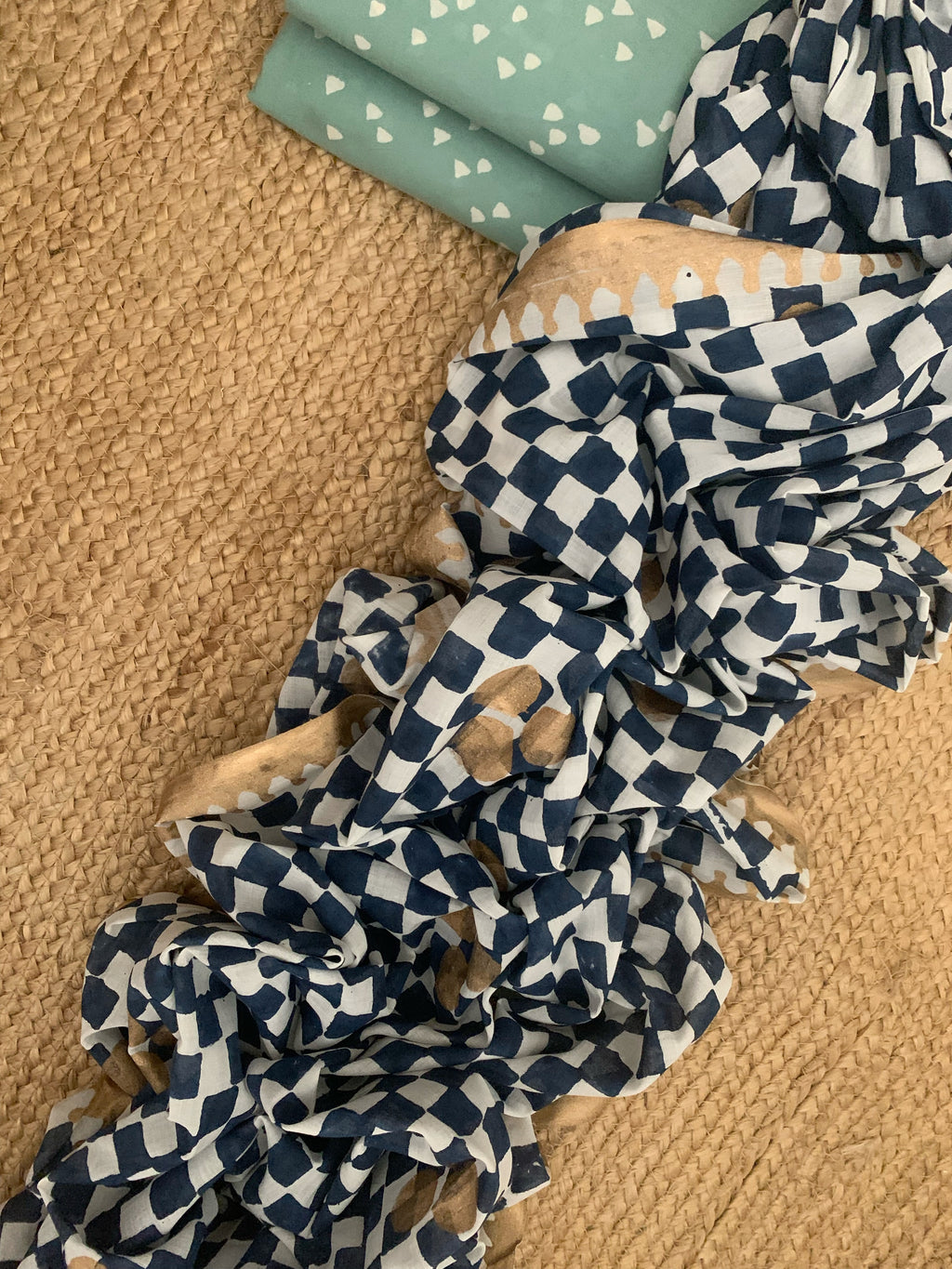 Handcrafted Cotton Mul Dupatta Suit - Mint & Midnight Blue