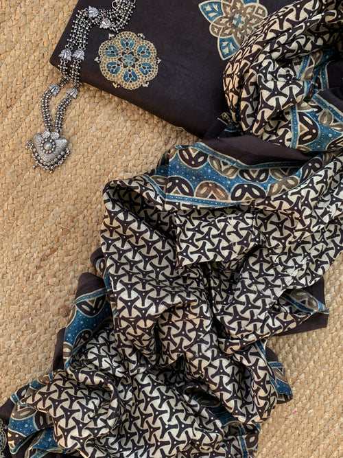 Hand Block Natural Dyes Ajrakh Mashru Silk Kurta Dupatta Set