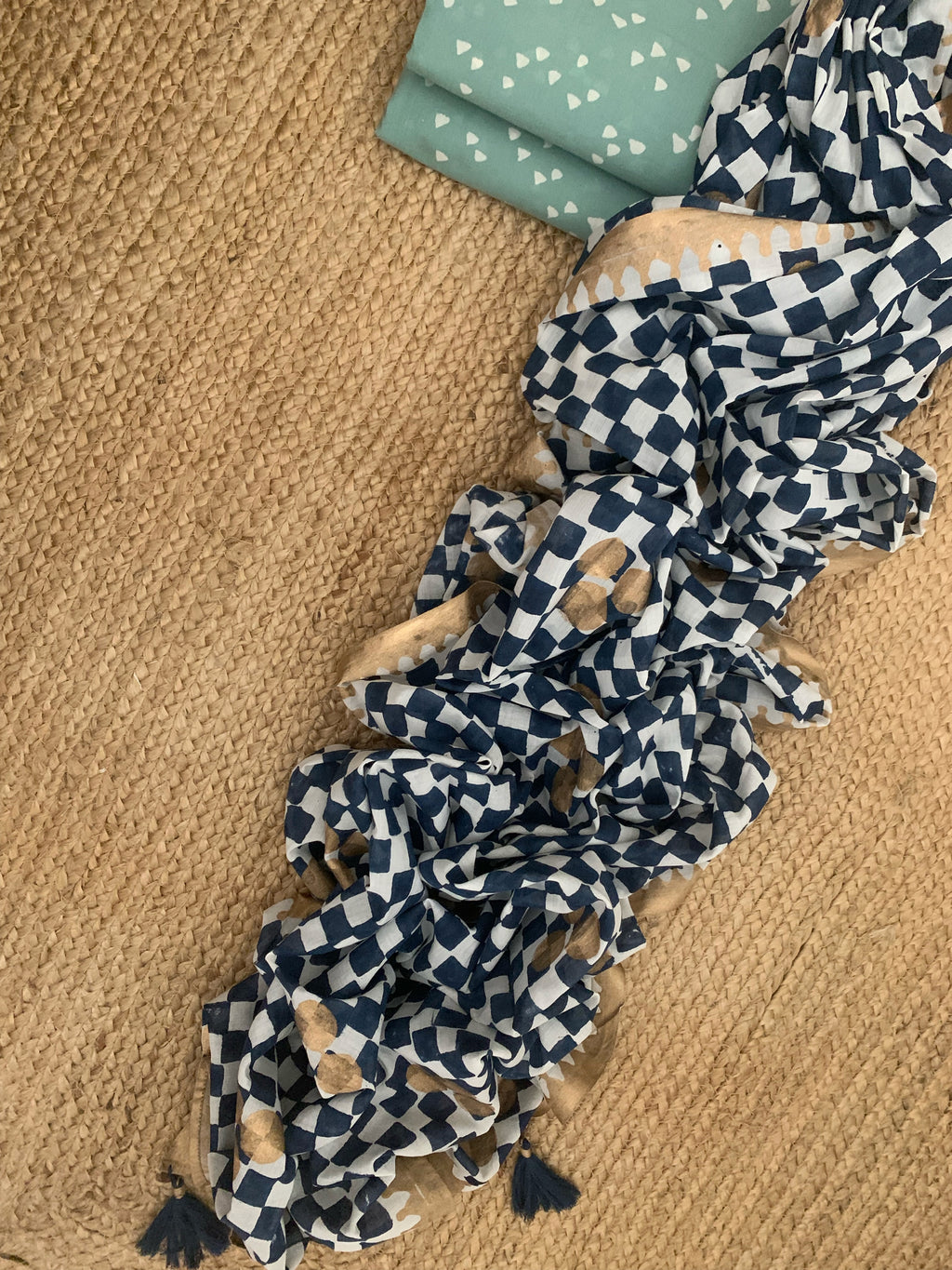 Handcrafted Cotton Mul Dupatta Suit - Mint & Midnight Blue