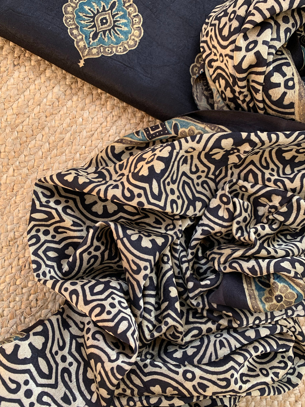 Hand Block Natural Dyes Ajrakh Mashru Silk Kurta Dupatta Set
