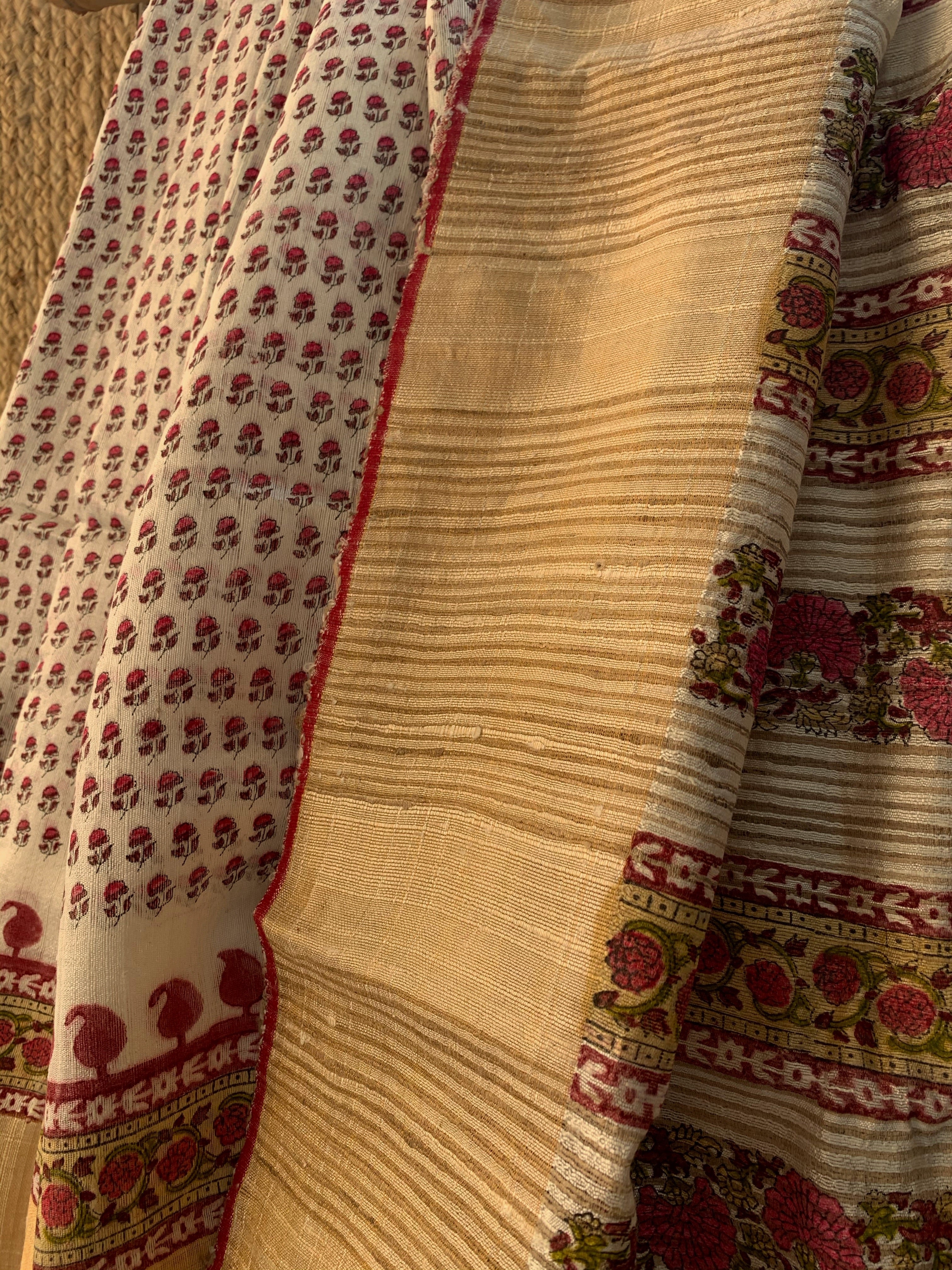 Handwoven & Handblock Printed Tussar Dupion Saree